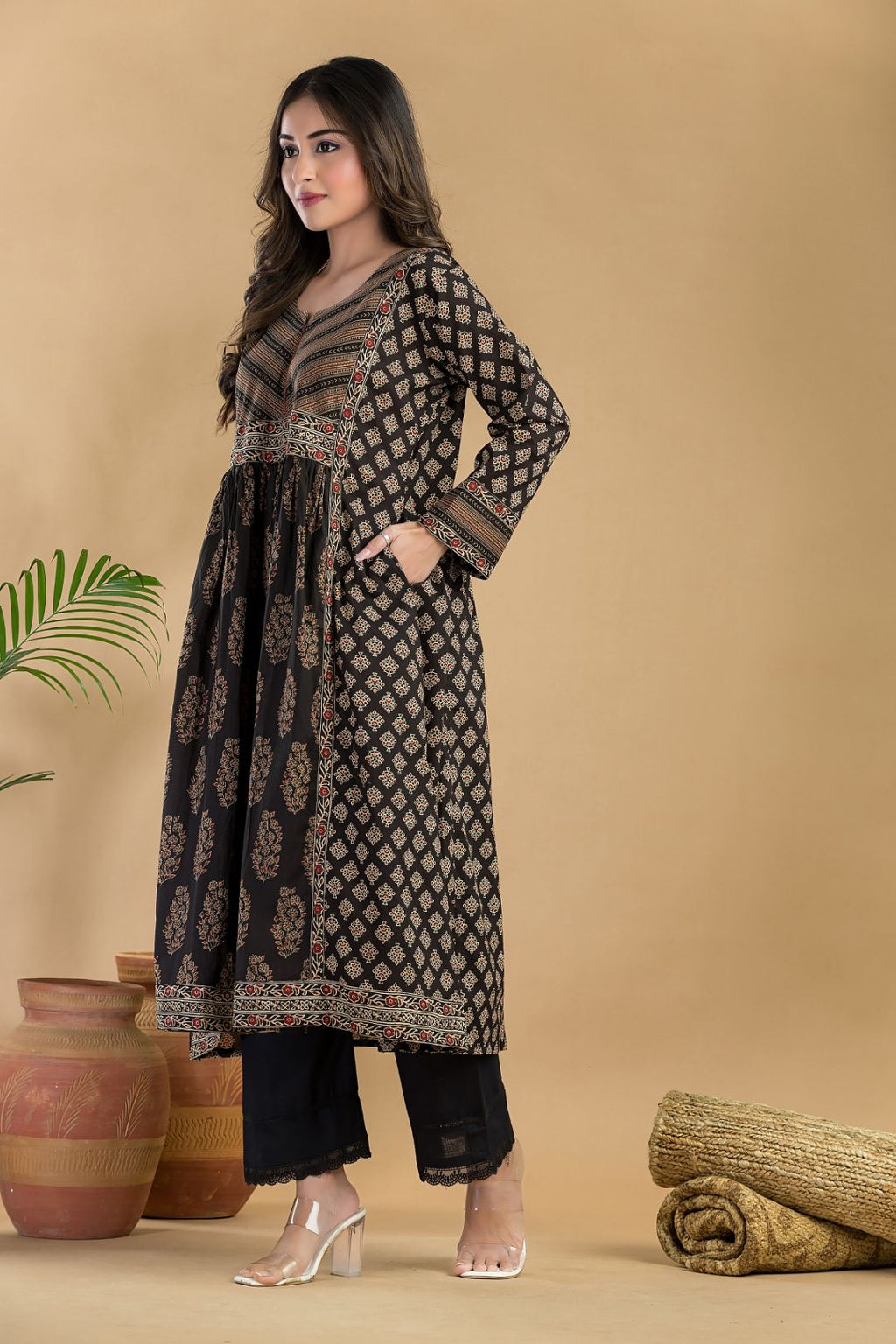 Black & Red Floral Print A-Line Kurta