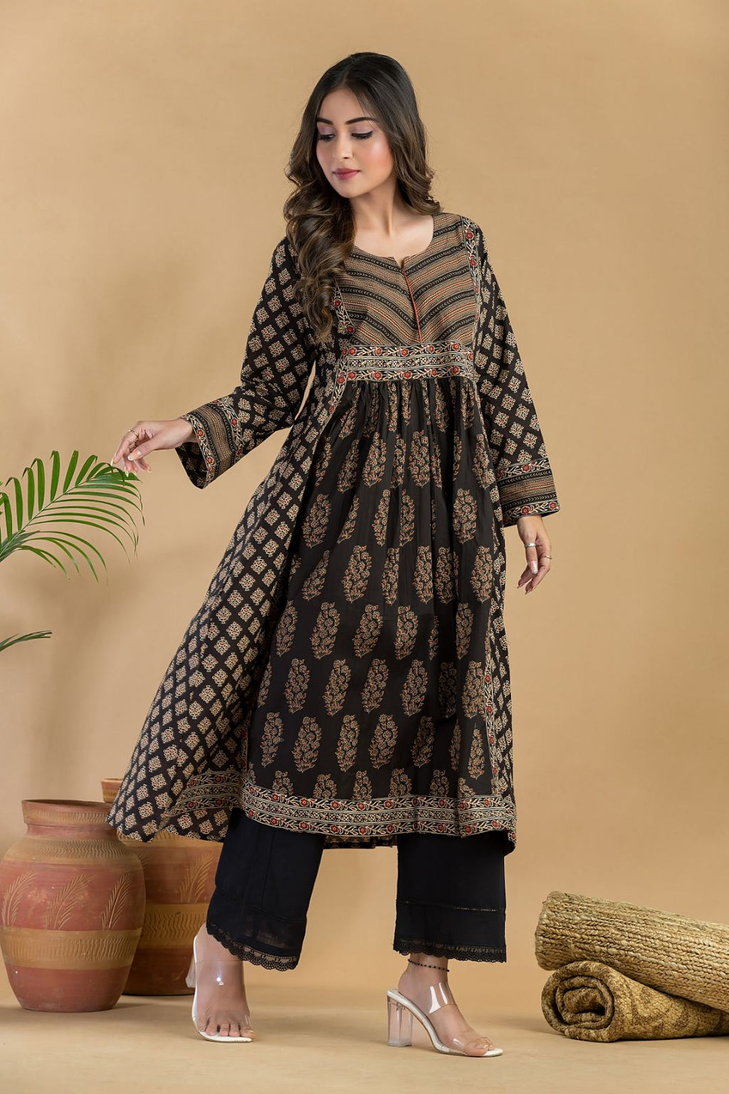 Black & Red Floral Print A-Line Kurta