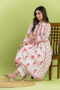 White & Pink Floral Print A-line Kurta