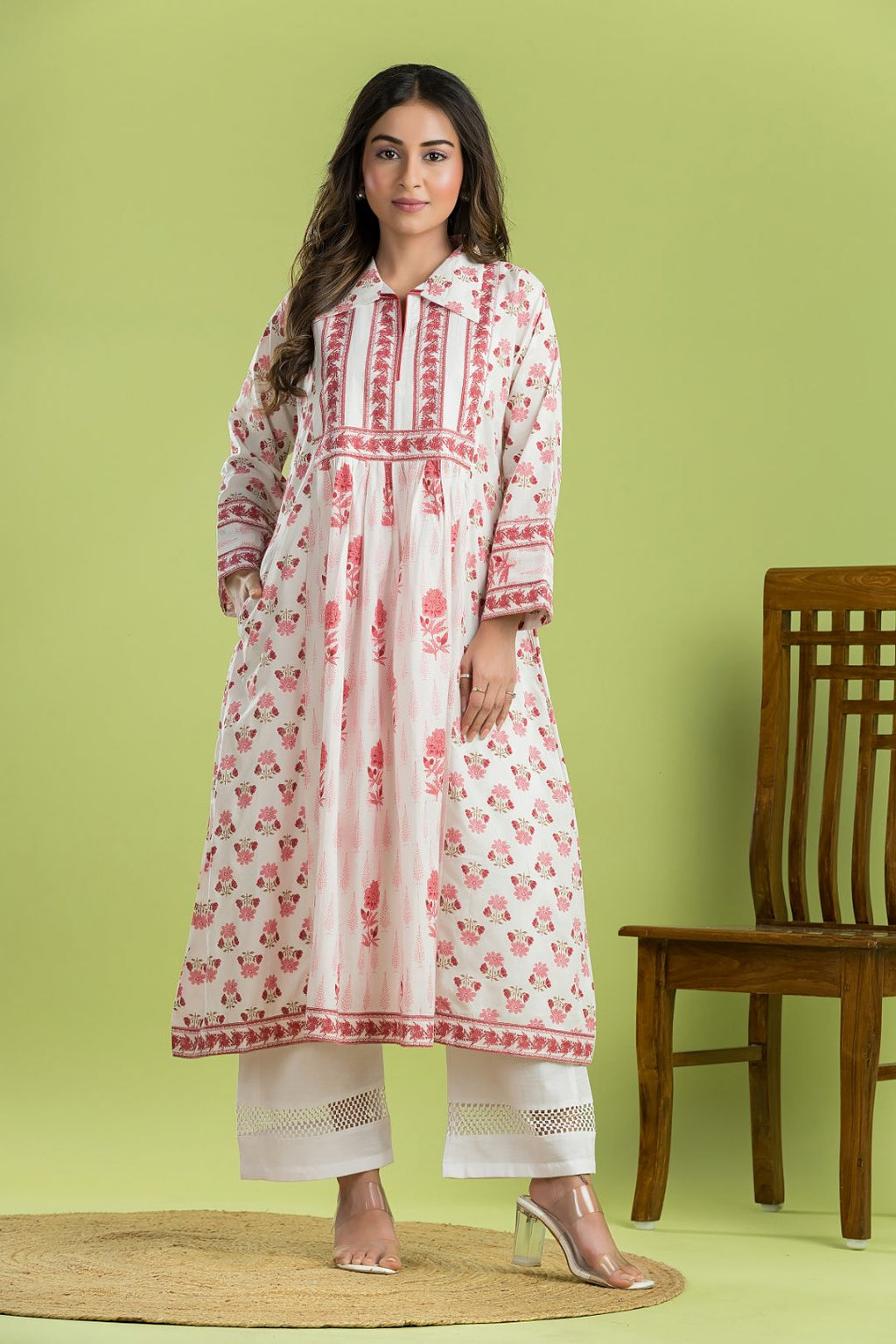 White & Pink Floral Print A-line Kurta