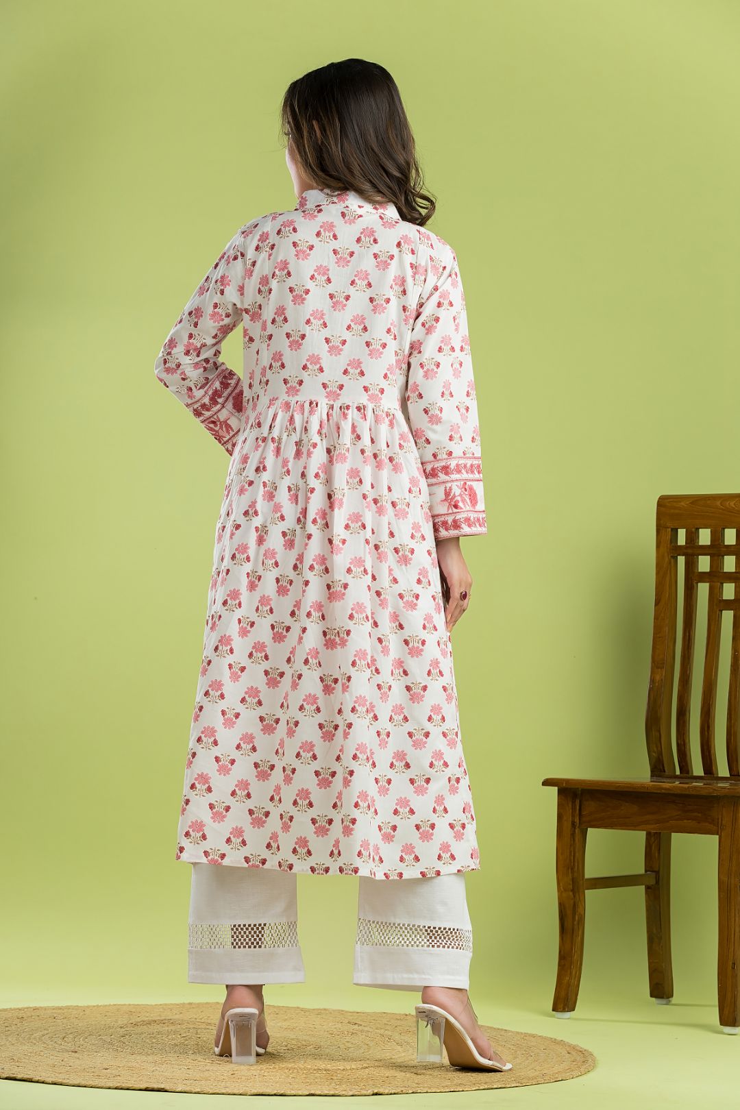 White & Pink Floral Print A-line Kurta