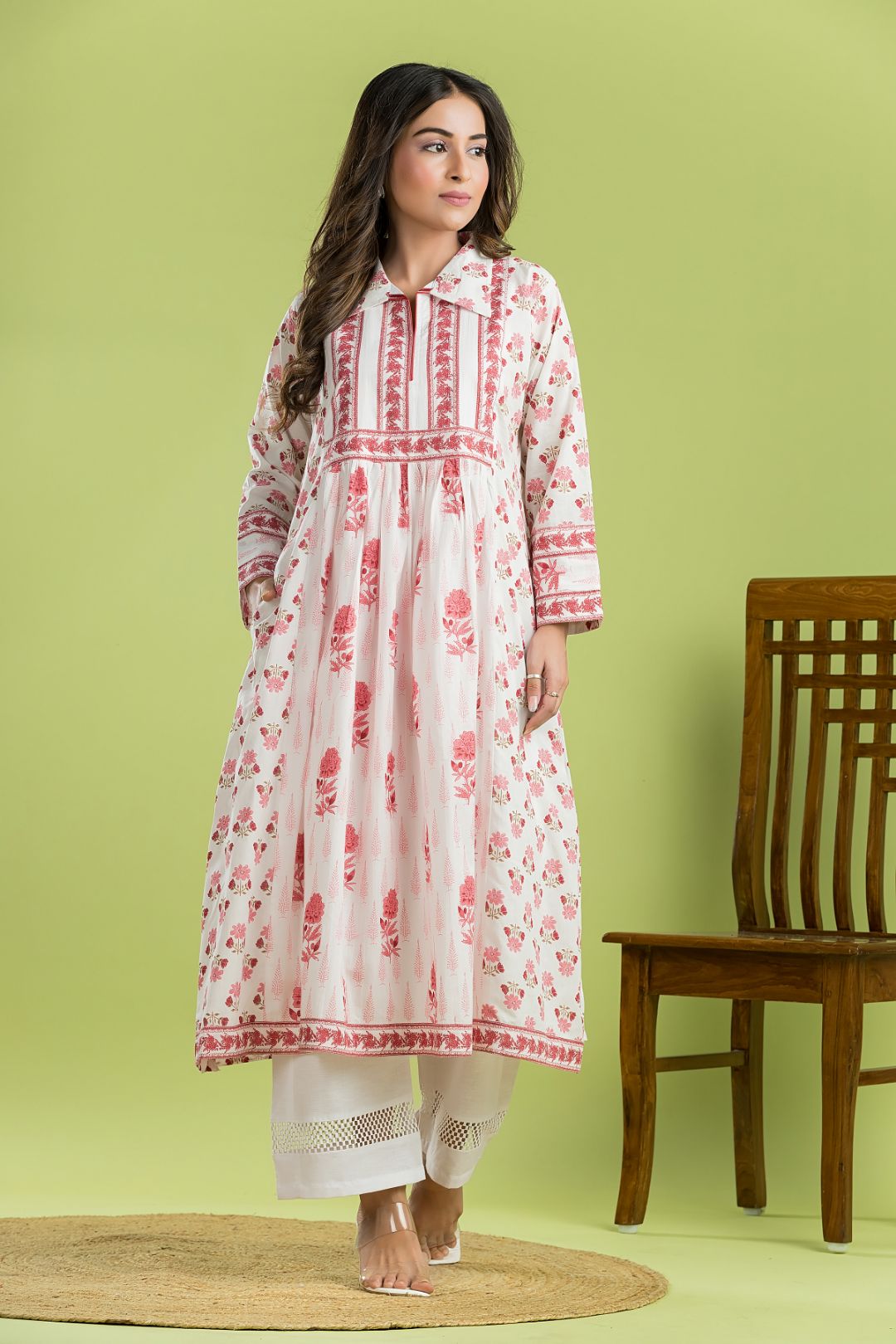 White & Pink Floral Print A-line Kurta