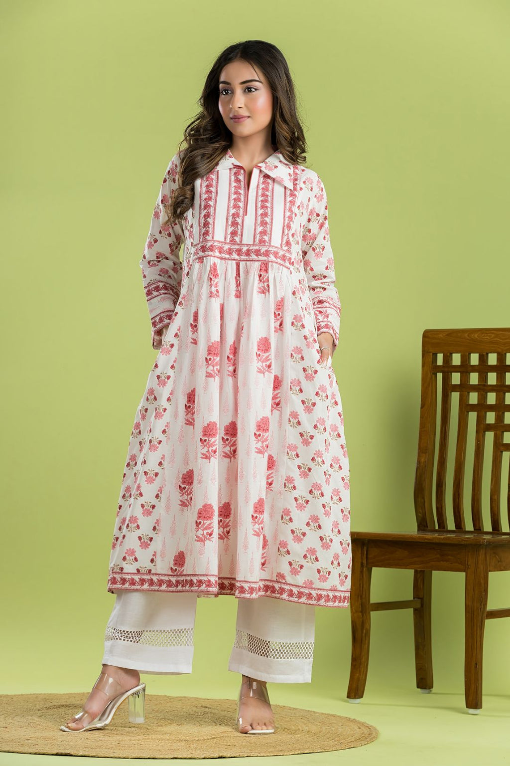 White & Pink Floral Print A-line Kurta