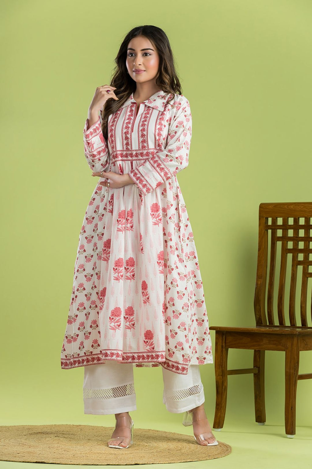 White & Pink Floral Print A-line Kurta