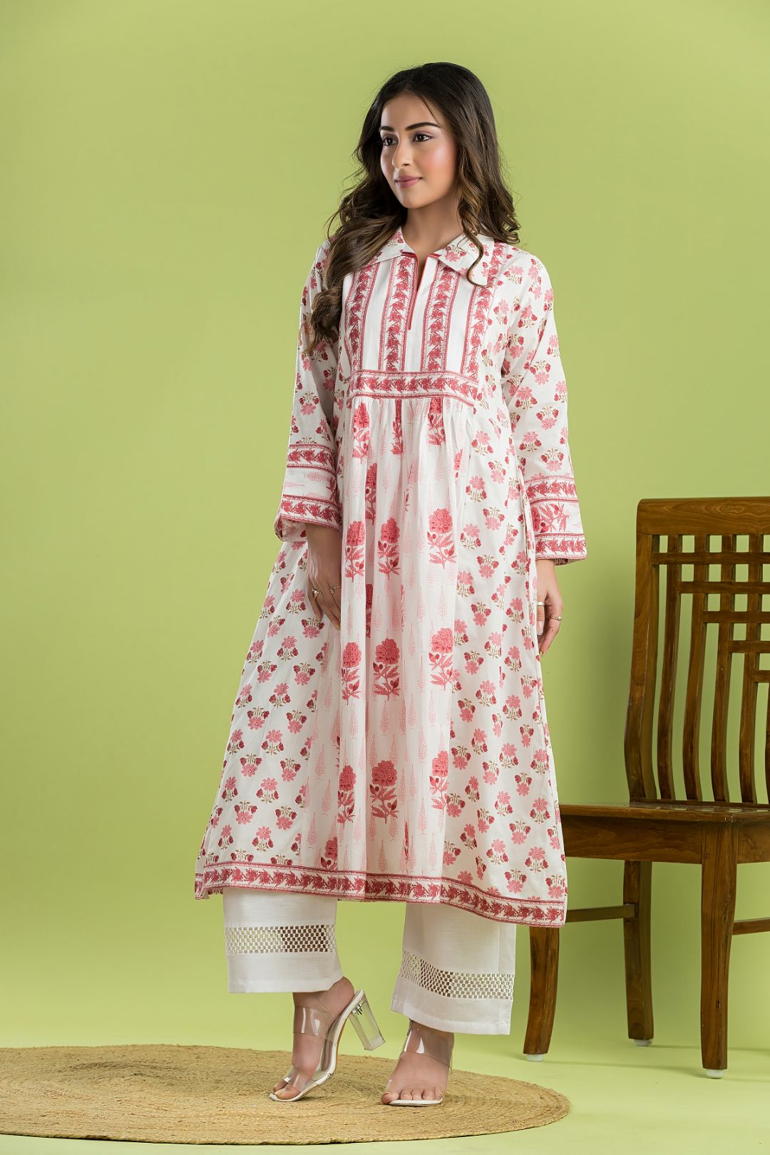 White & Pink Floral Print A-line Kurta