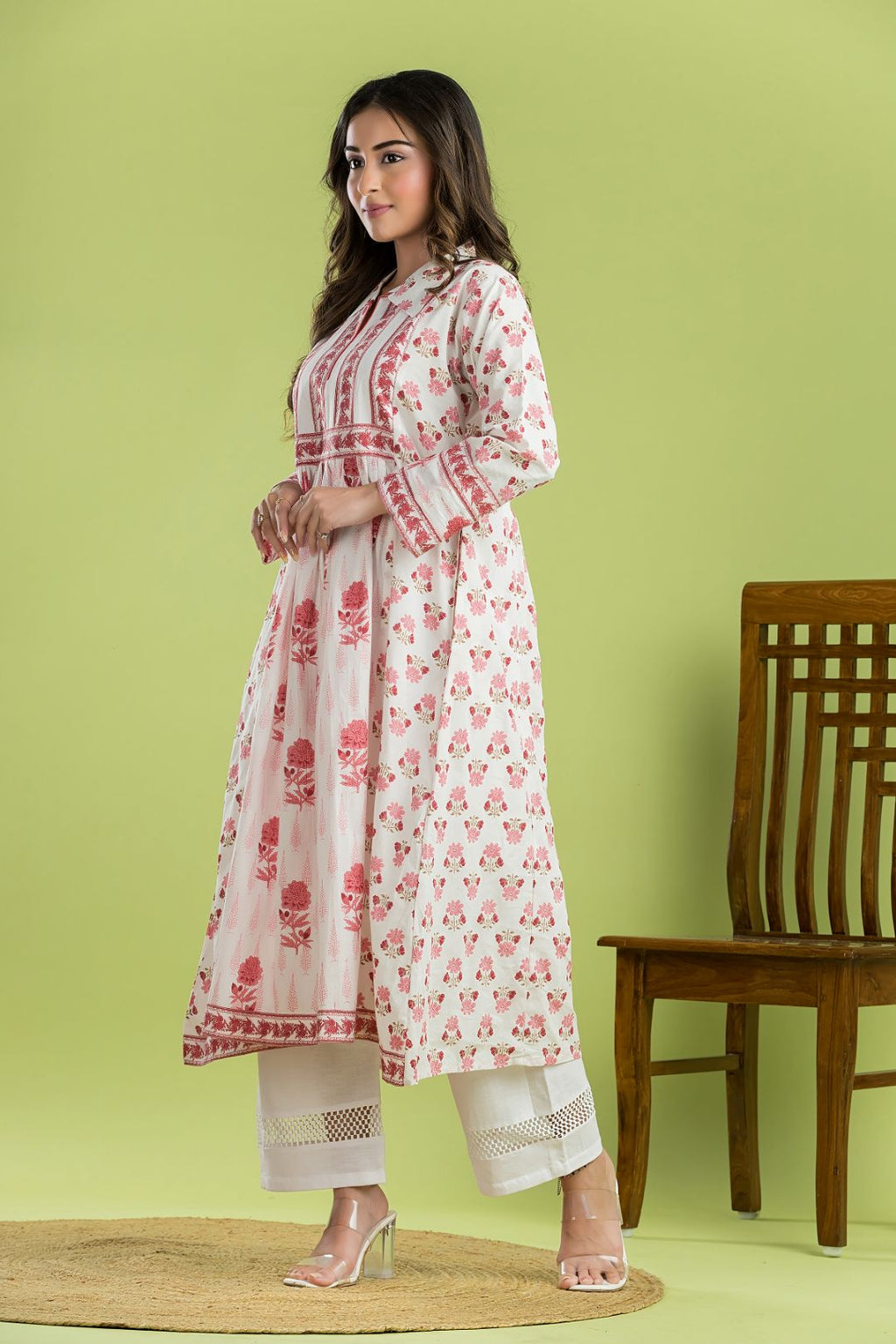 White & Pink Floral Print A-line Kurta