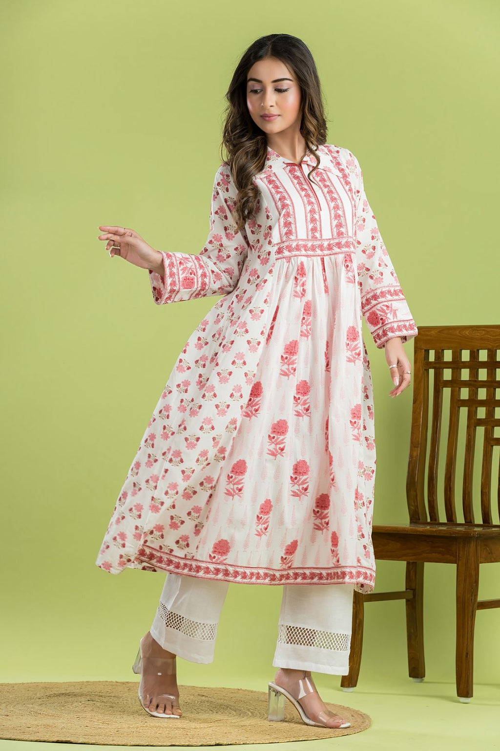 White & Pink Floral Print A-line Kurta