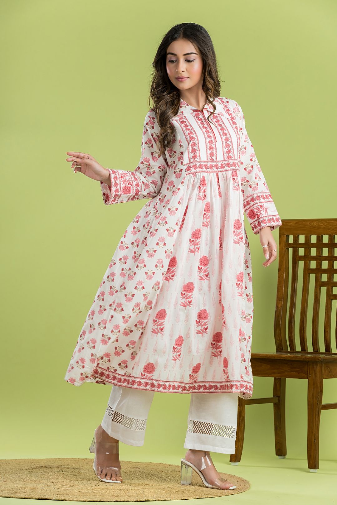 White & Pink Floral Print A-line Kurta