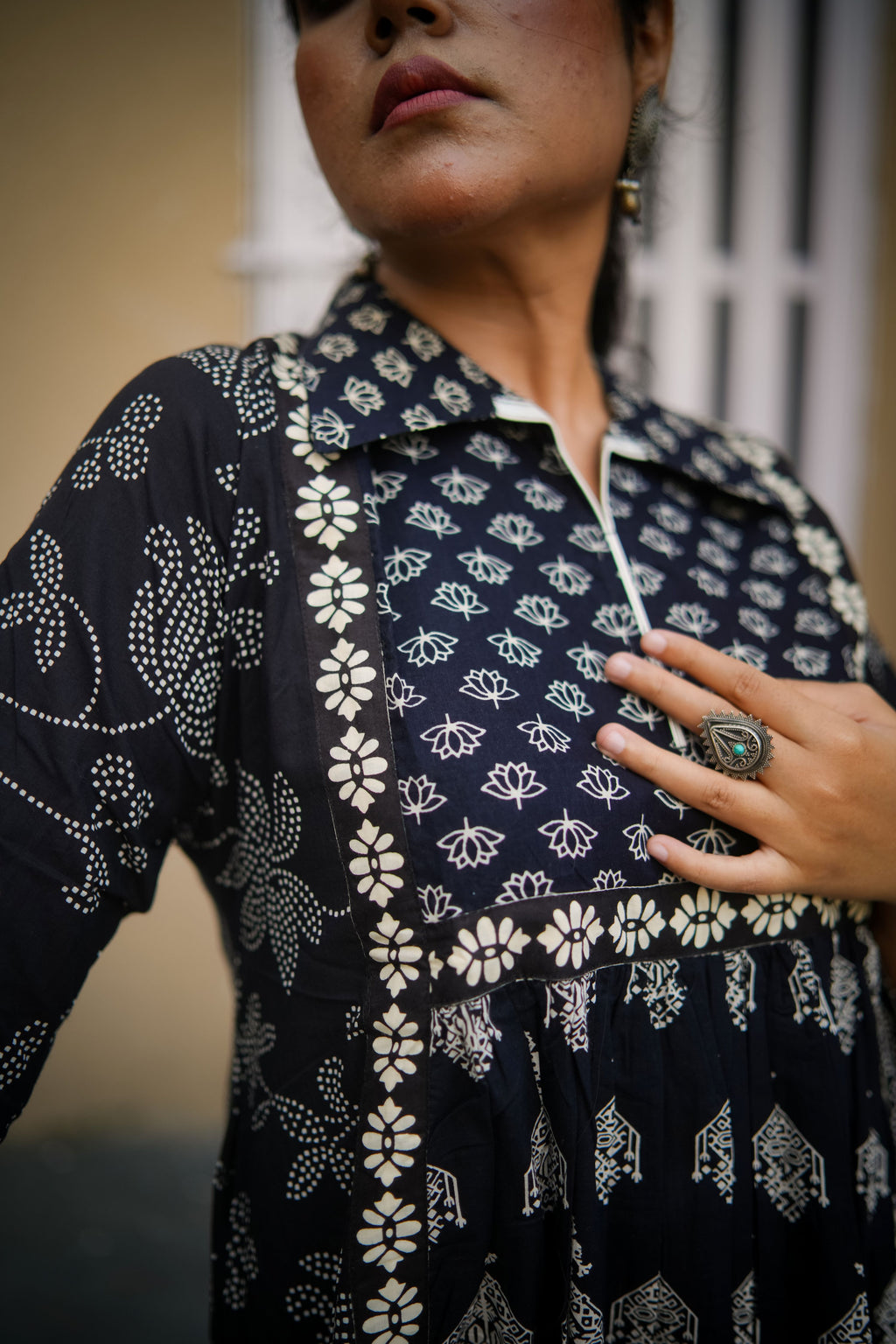 Black & White Floral Print A-Line Kurta