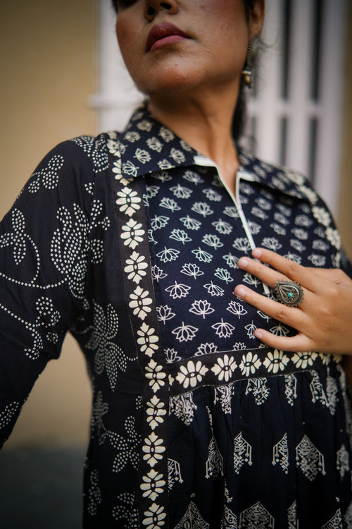Black & White Floral Print A-Line Kurta