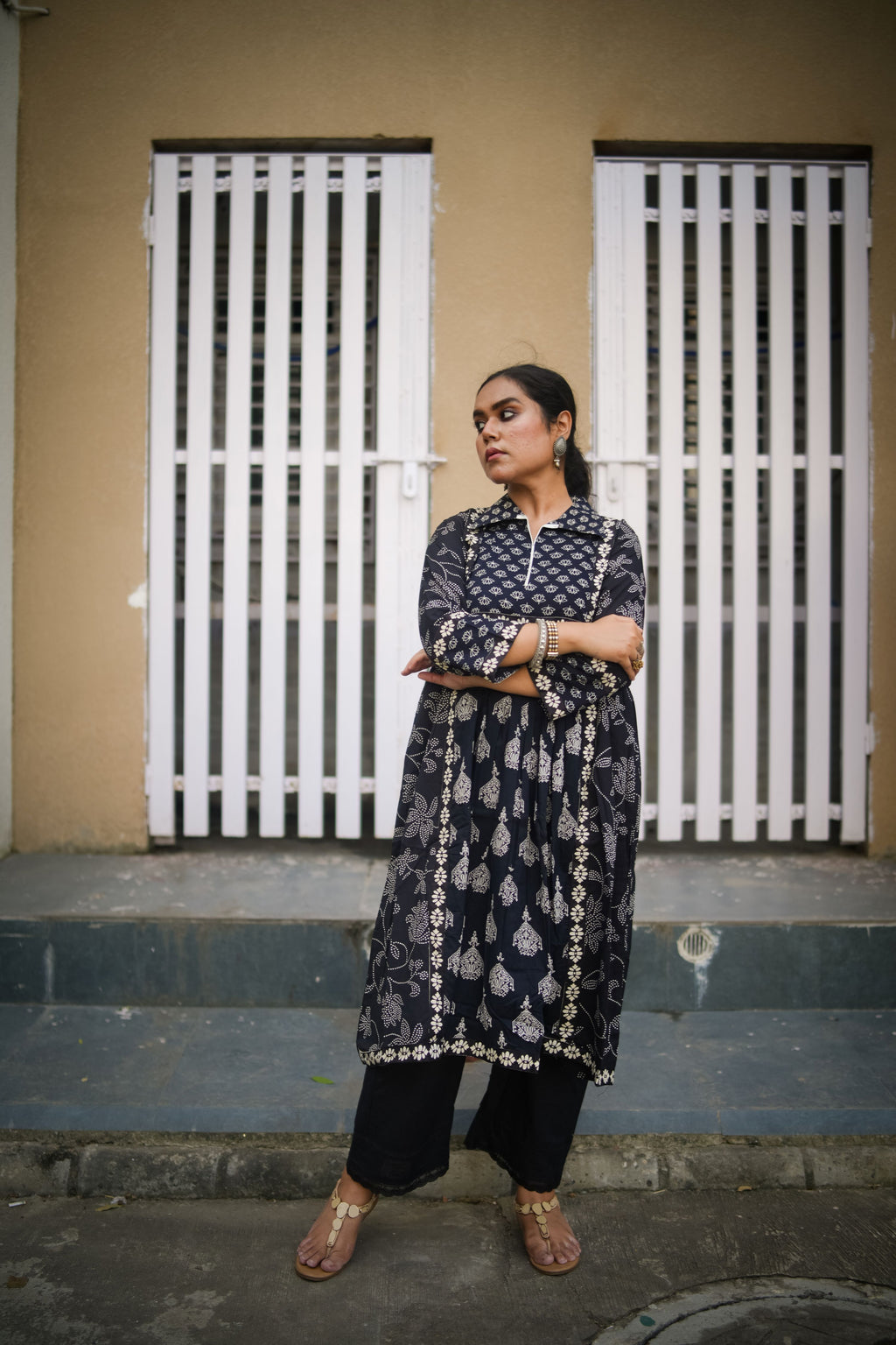 Black & White Floral Print A-Line Kurta