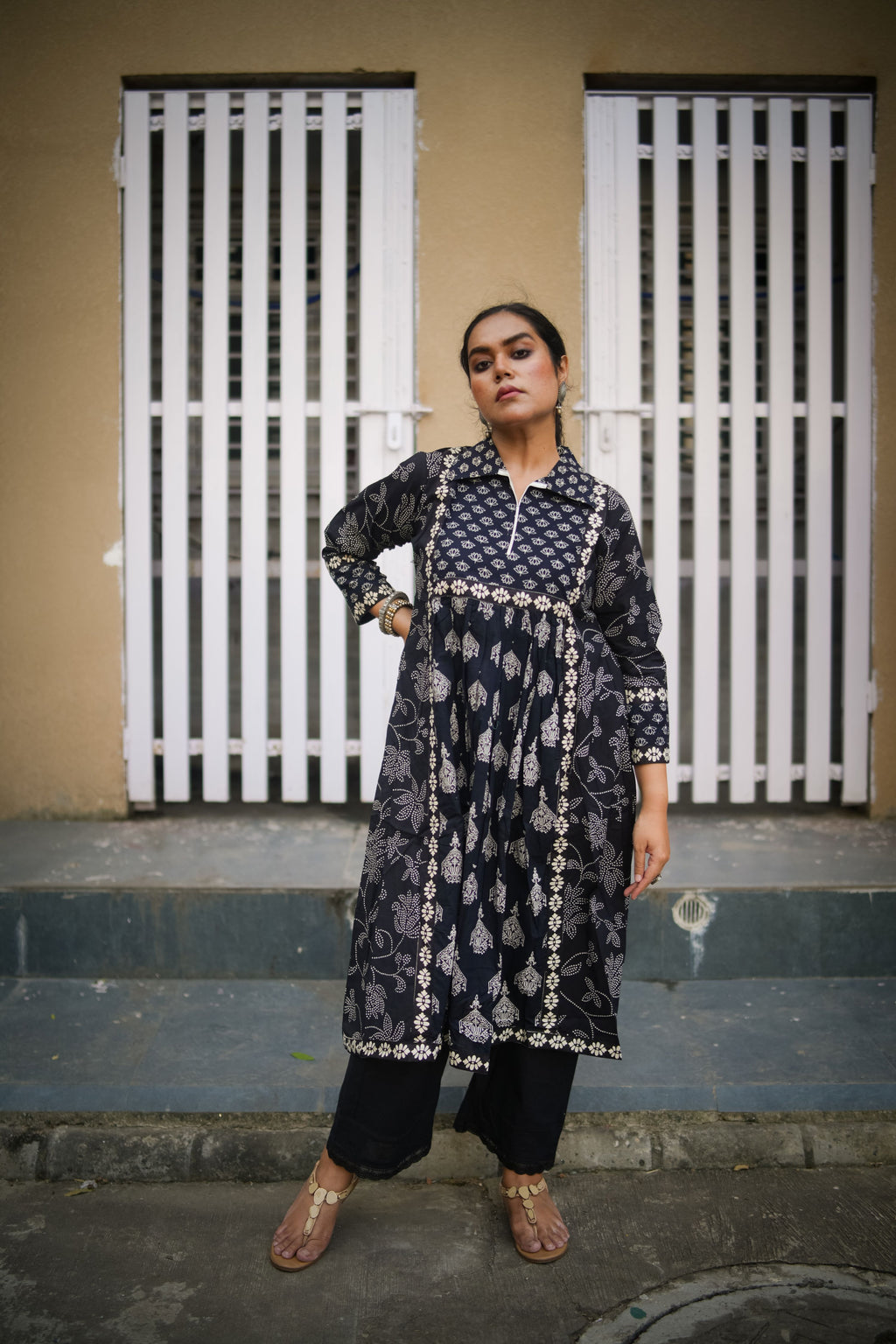 Black & White Floral Print A-Line Kurta
