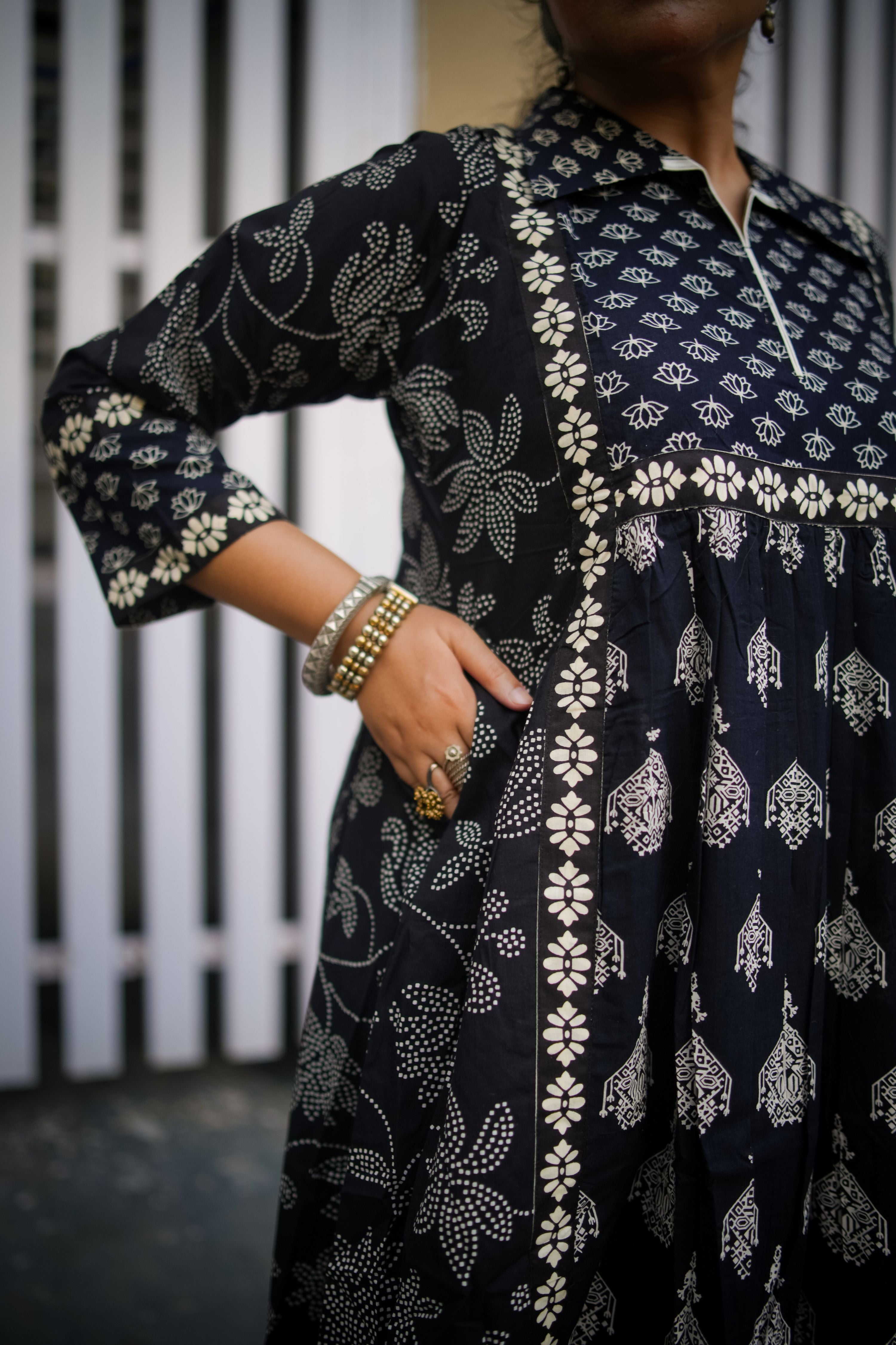 Black & White Floral Print A-Line Kurta