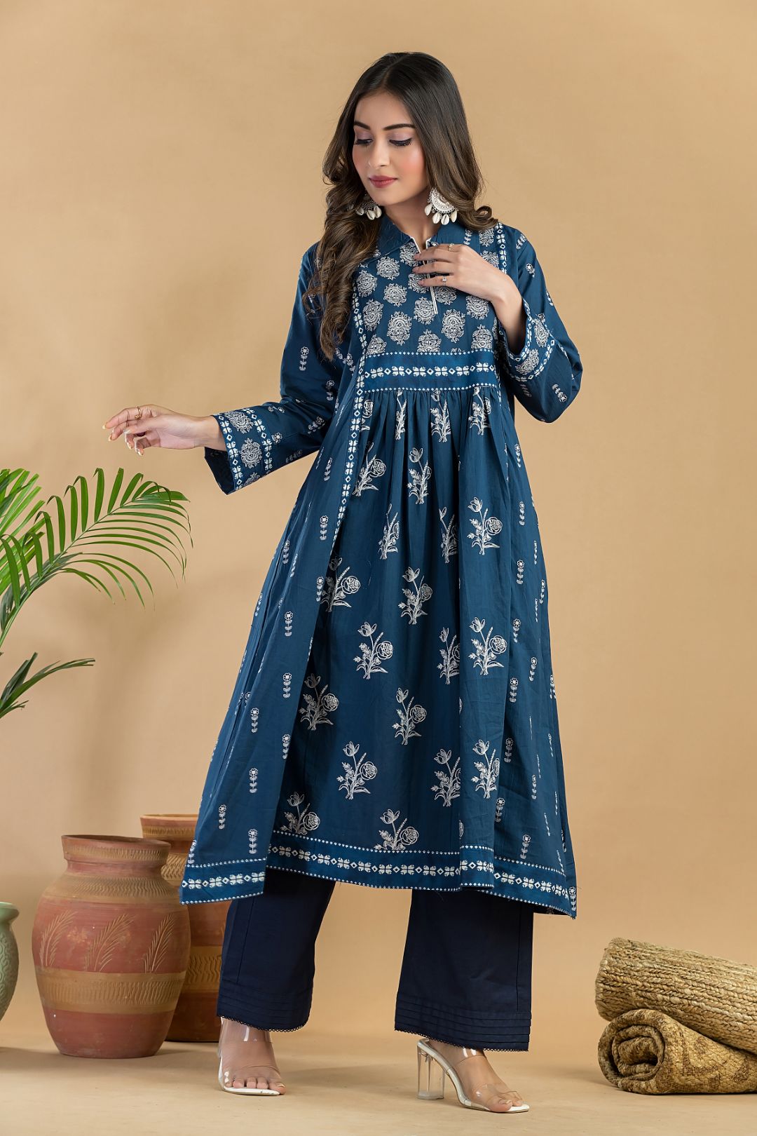 Navy Blue Floral Print A-Line Kurta
