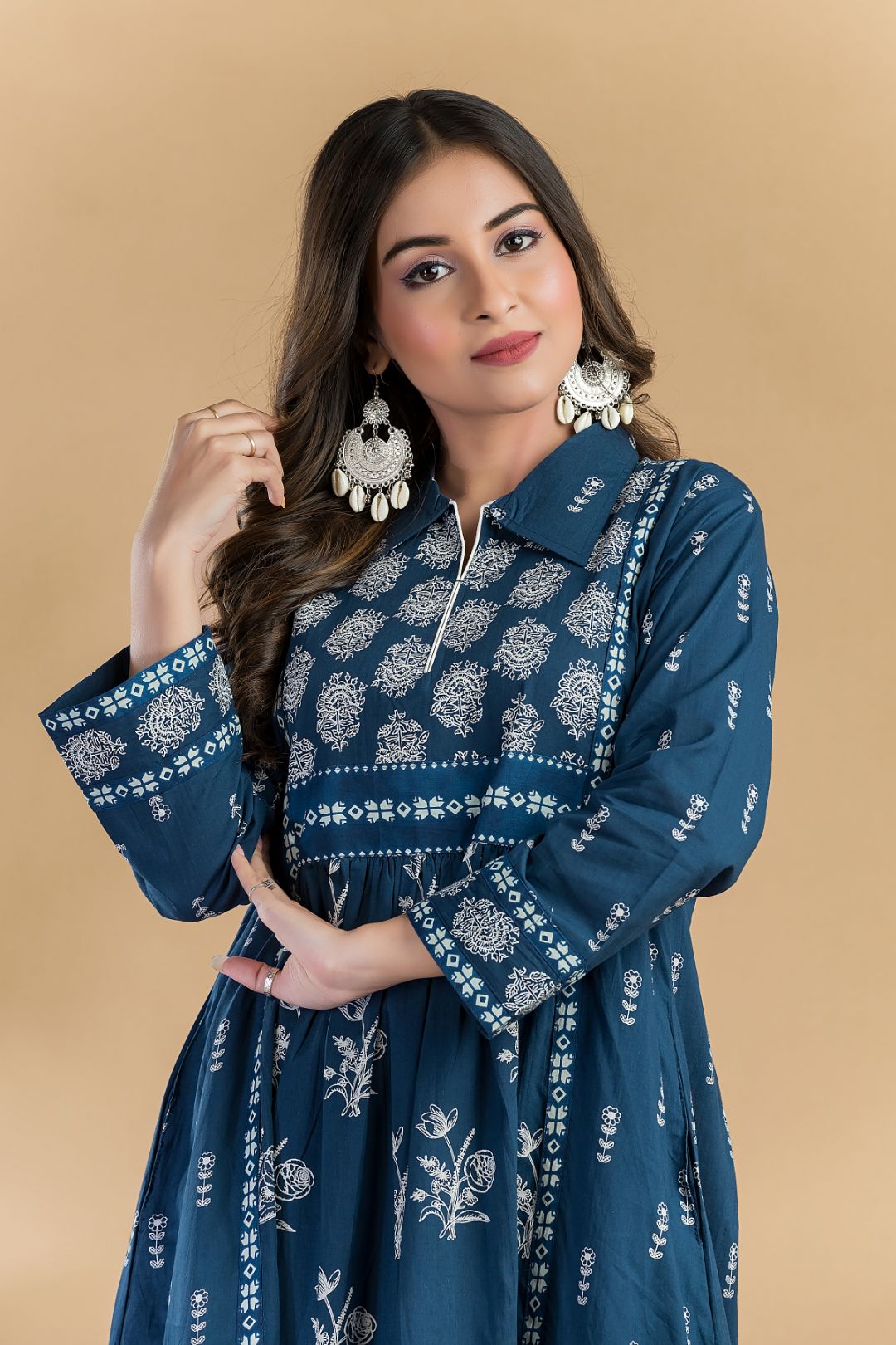 Navy Blue Floral Print A-Line Kurta
