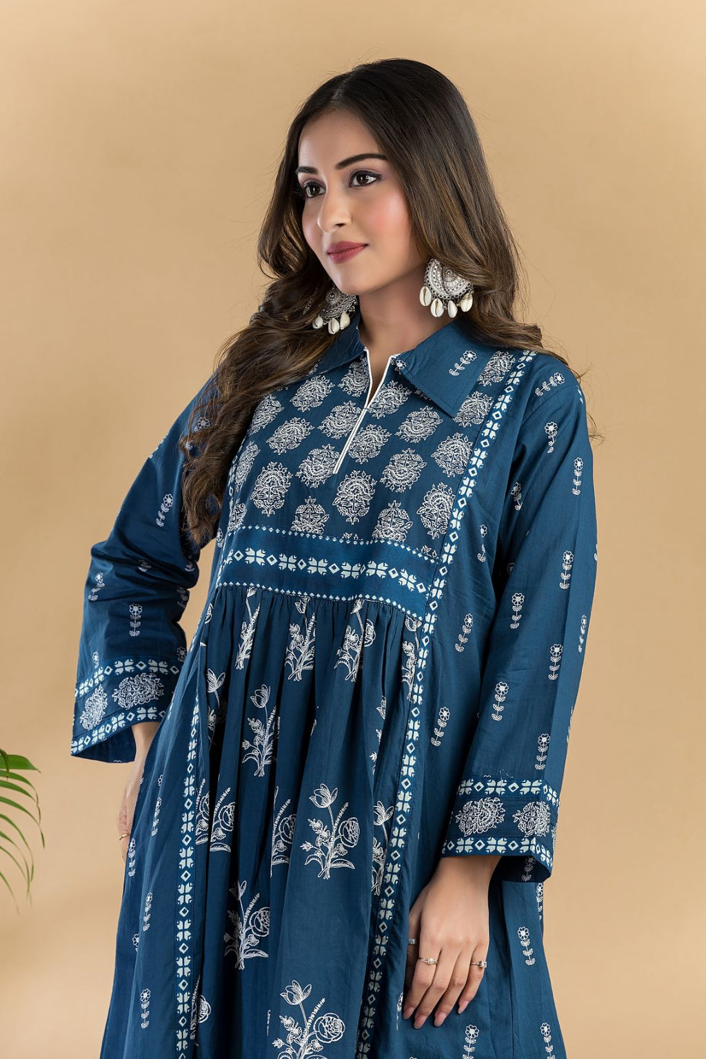 Navy Blue Floral Print A-Line Kurta