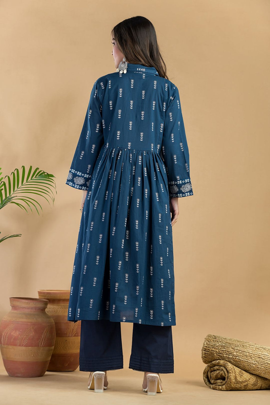 Navy Blue Floral Print A-Line Kurta