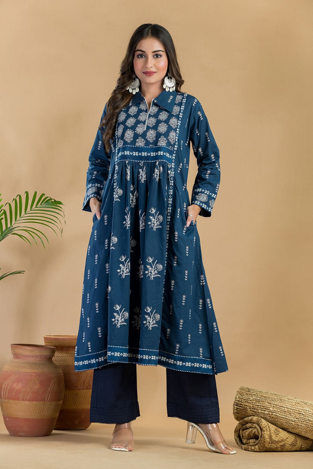Navy Blue Floral Print A-Line Kurta