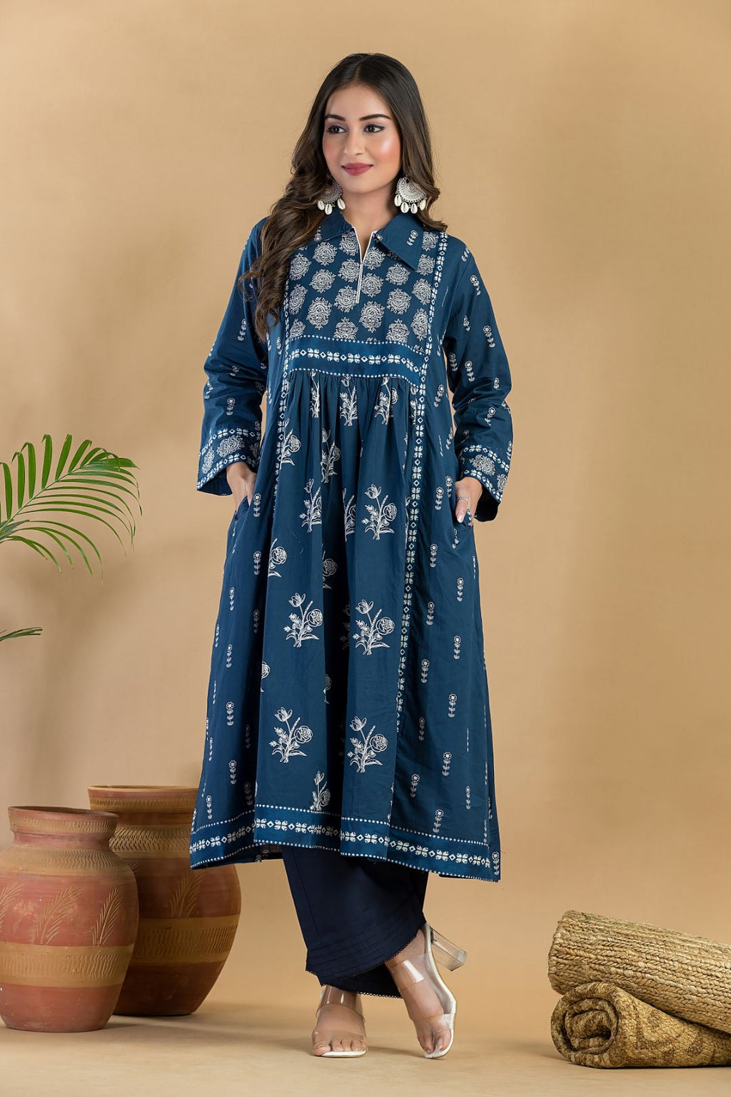 Navy Blue Floral Print A-Line Kurta