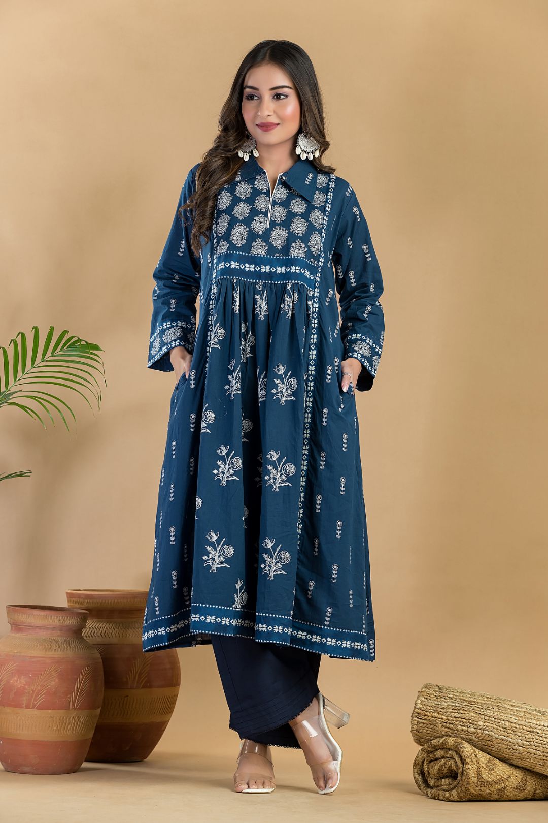 Navy Blue Floral Print A-Line Kurta