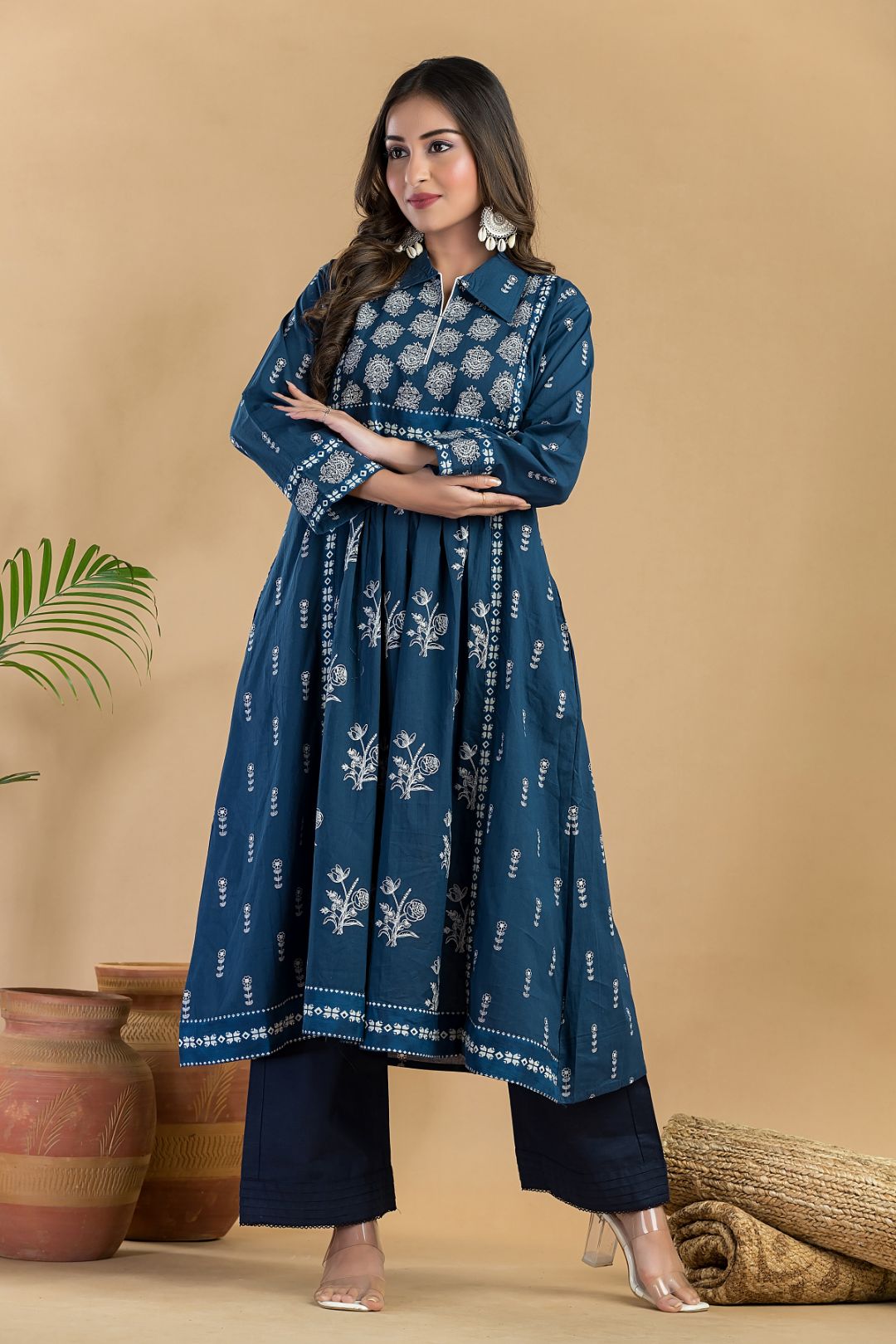 Navy Blue Floral Print A-Line Kurta