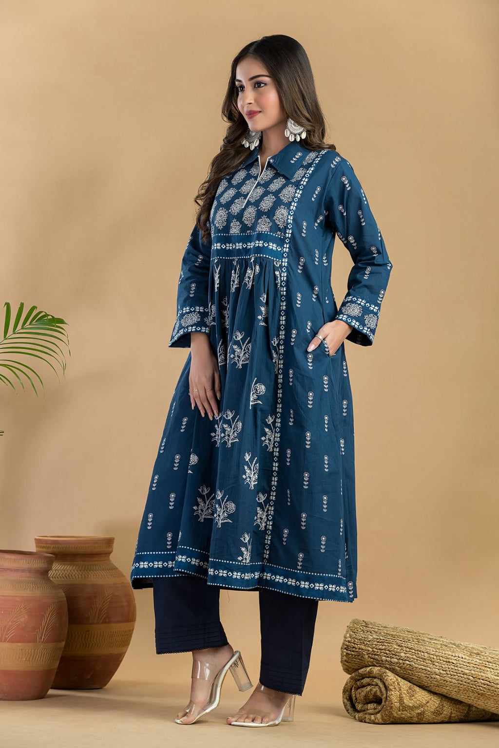 Navy Blue Floral Print A-Line Kurta