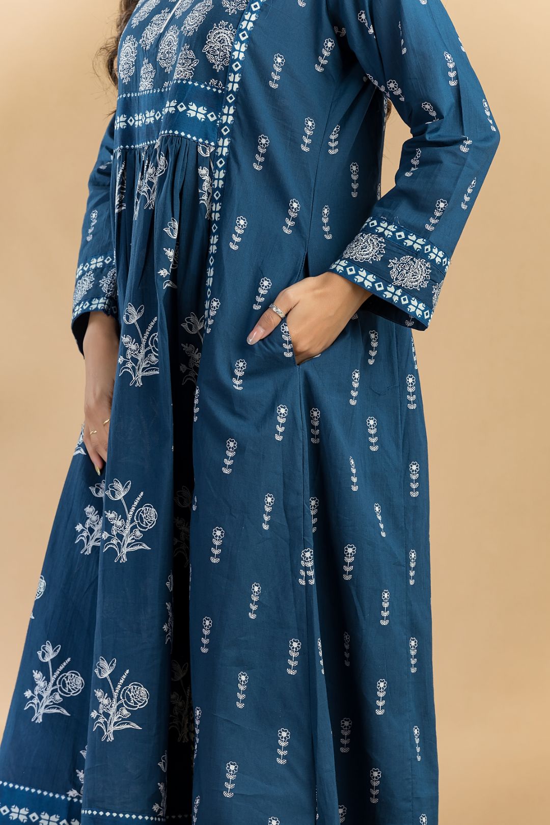 Navy Blue Floral Print A-Line Kurta