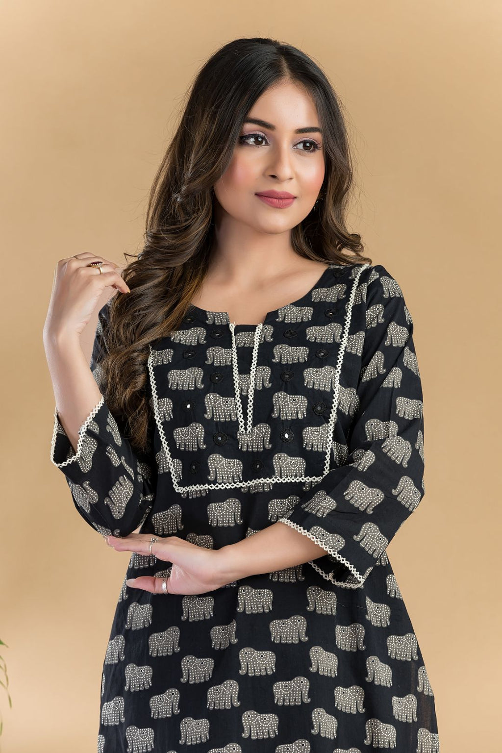 Black Animal Print Embroidered Straight Kurta