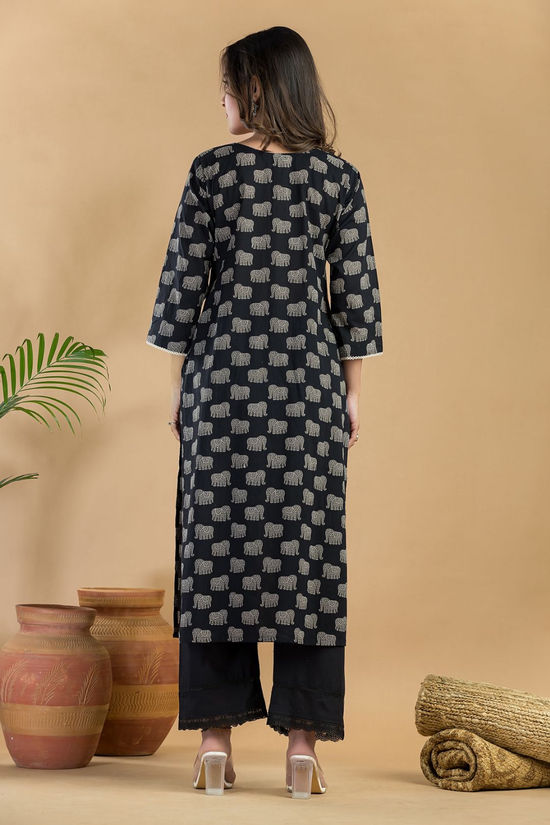 Black Animal Print Embroidered Straight Kurta