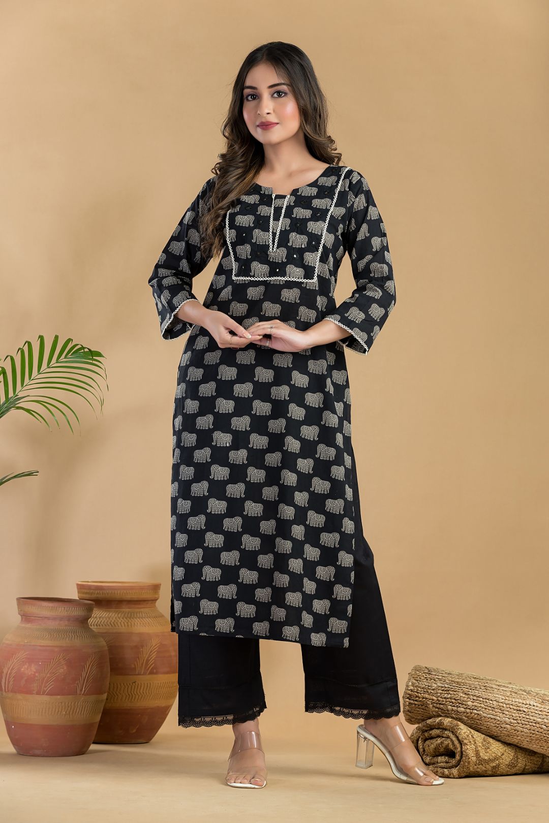 Black Animal Print Embroidered Straight Kurta