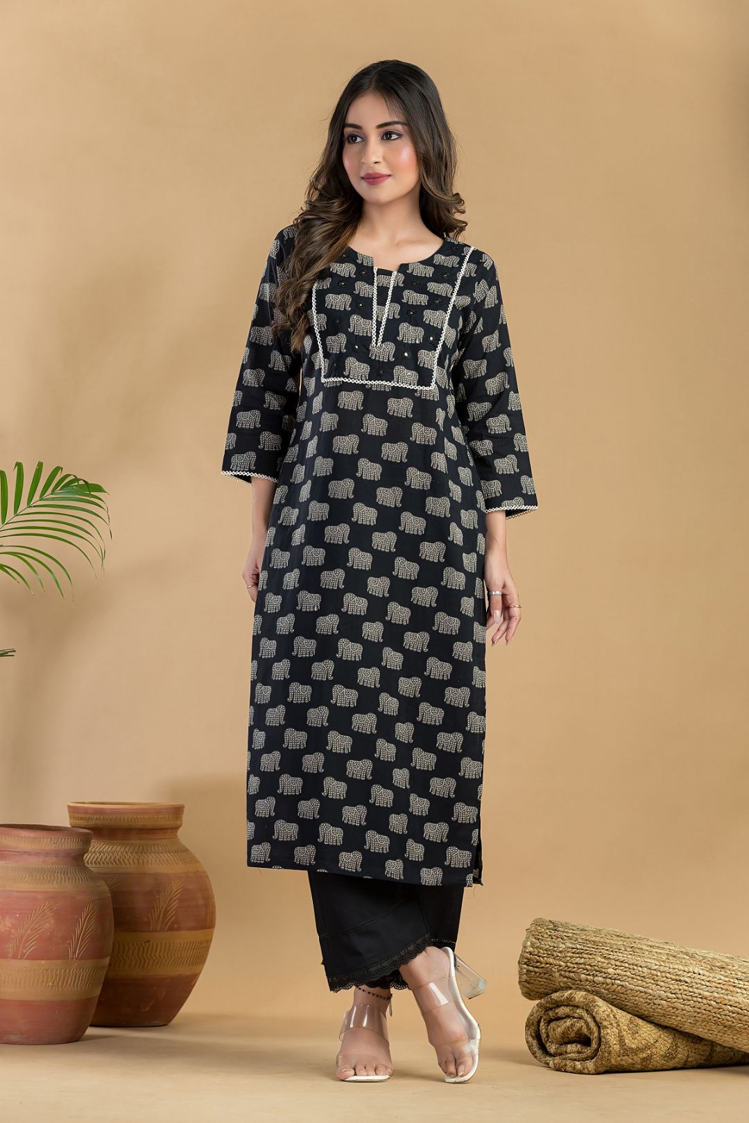 Black Animal Print Embroidered Straight Kurta