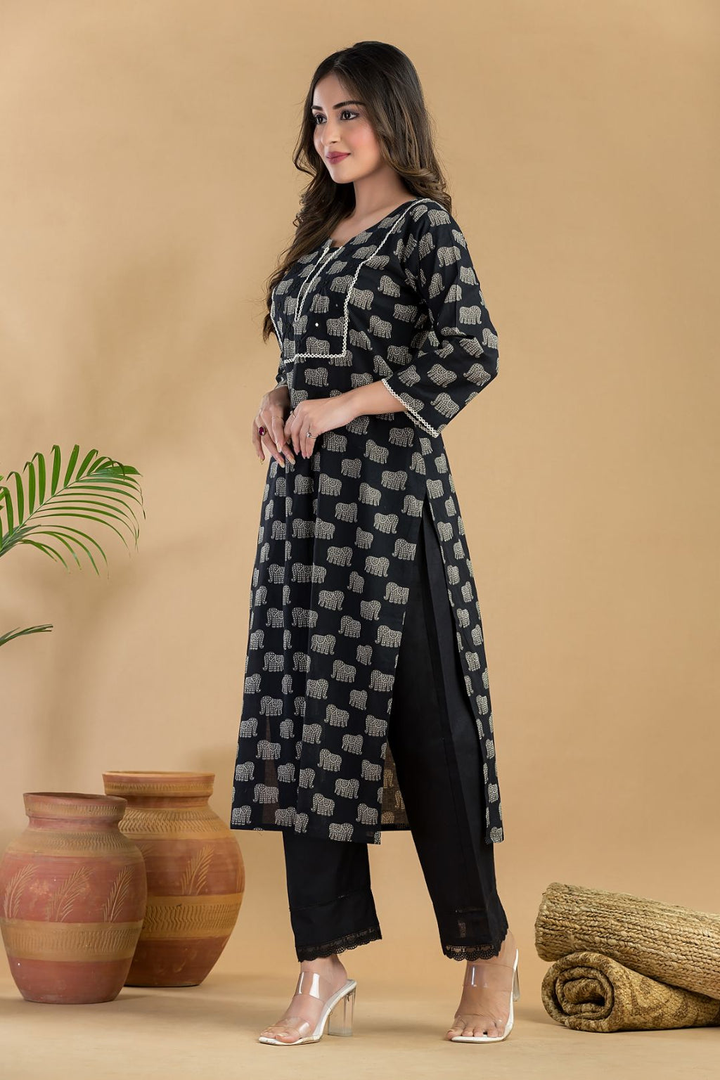 Black Animal Print Embroidered Straight Kurta