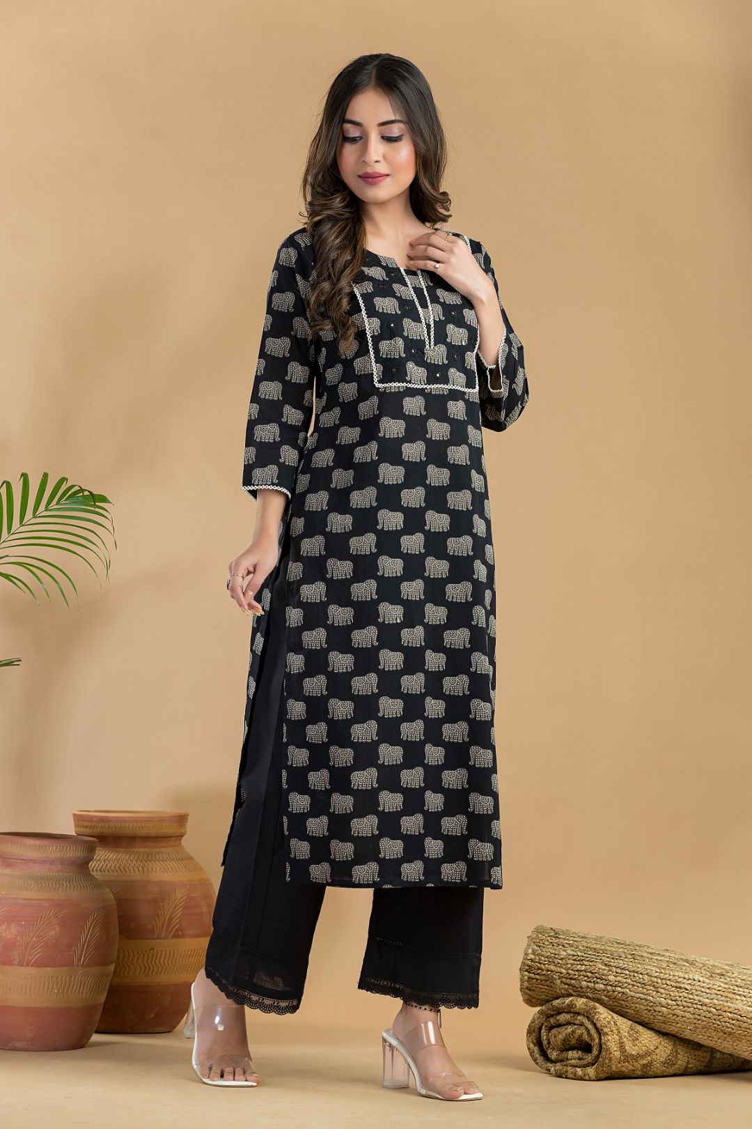 Black Animal Print Embroidered Straight Kurta