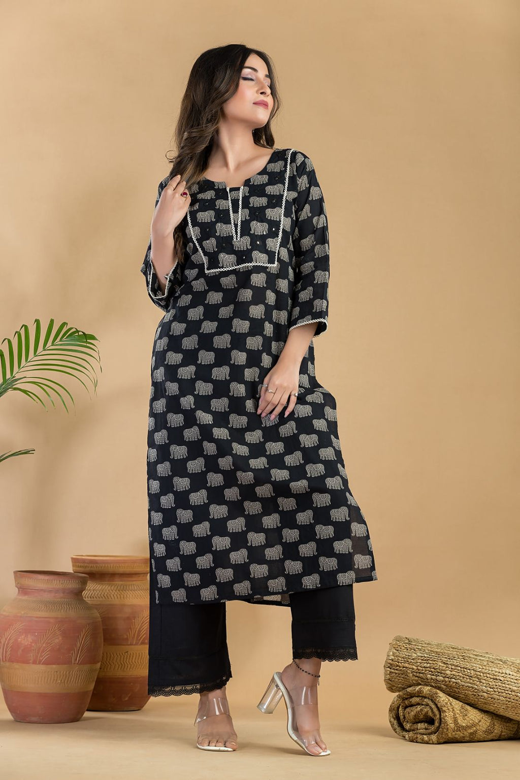 Black Animal Print Embroidered Straight Kurta