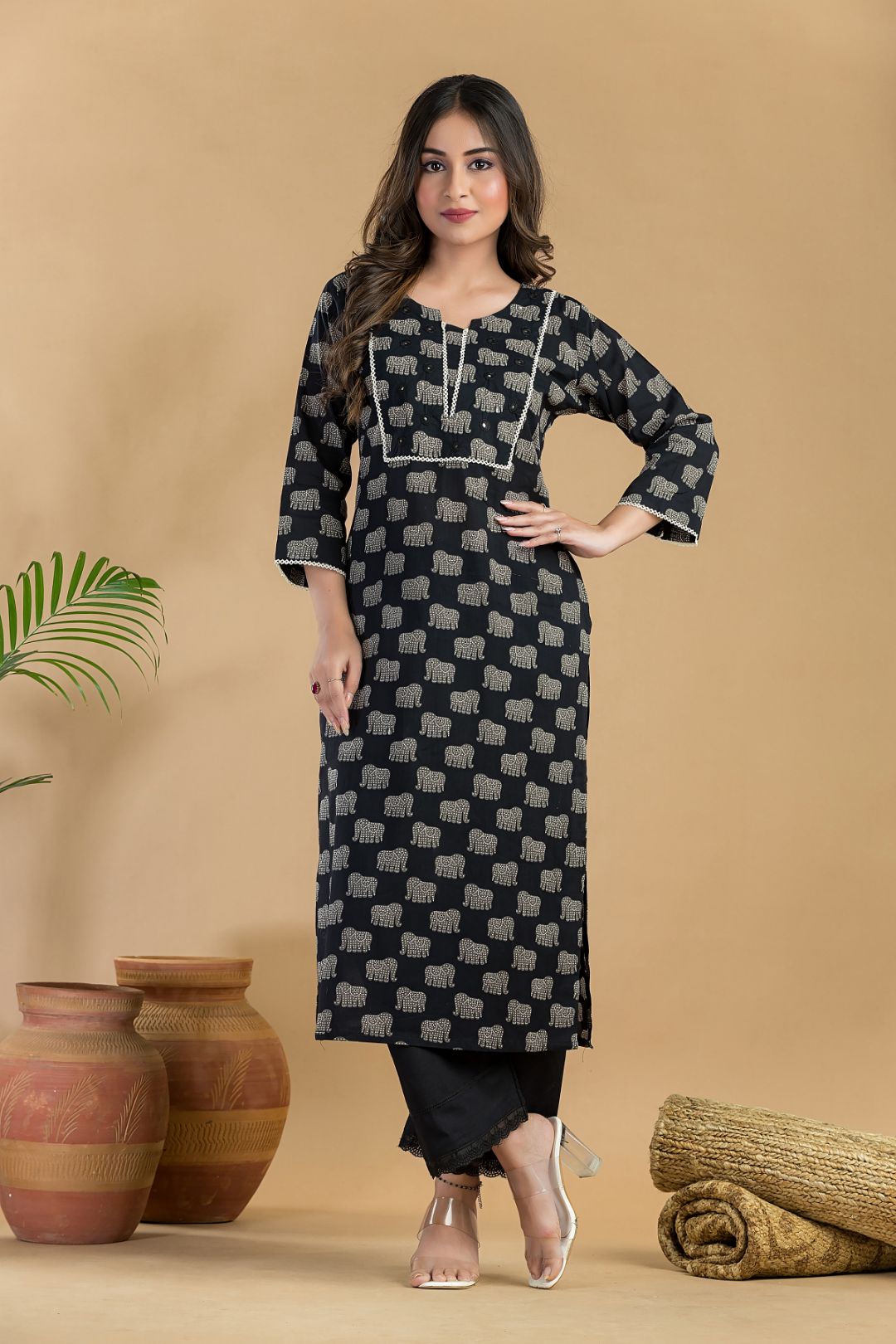 Black Animal Print Embroidered Straight Kurta