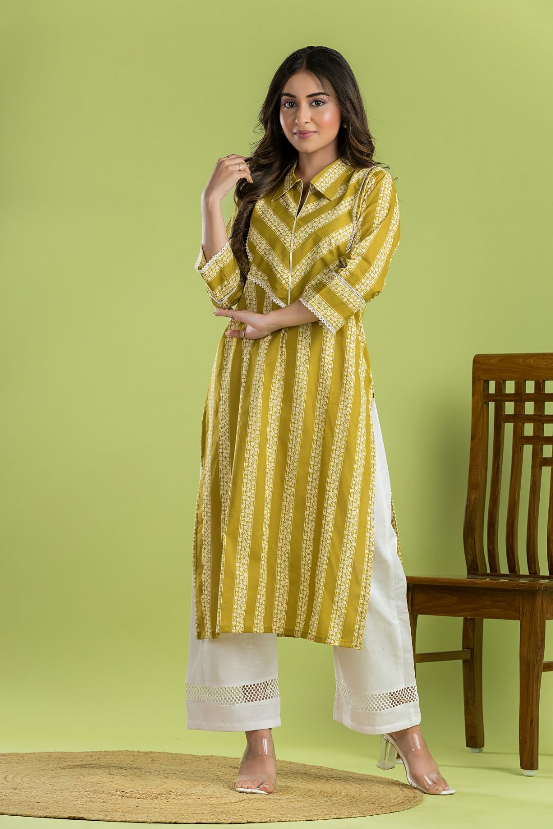 Yellow Green Striped Print Kurta