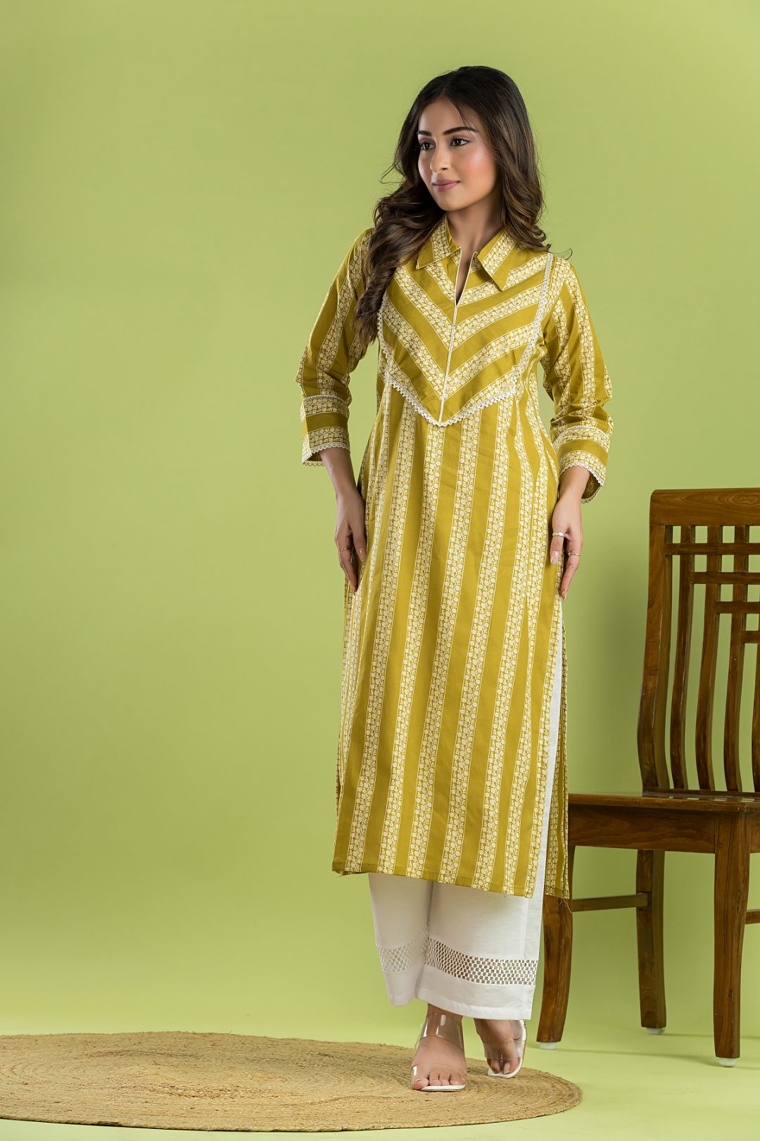 Yellow Green Striped Print Kurta