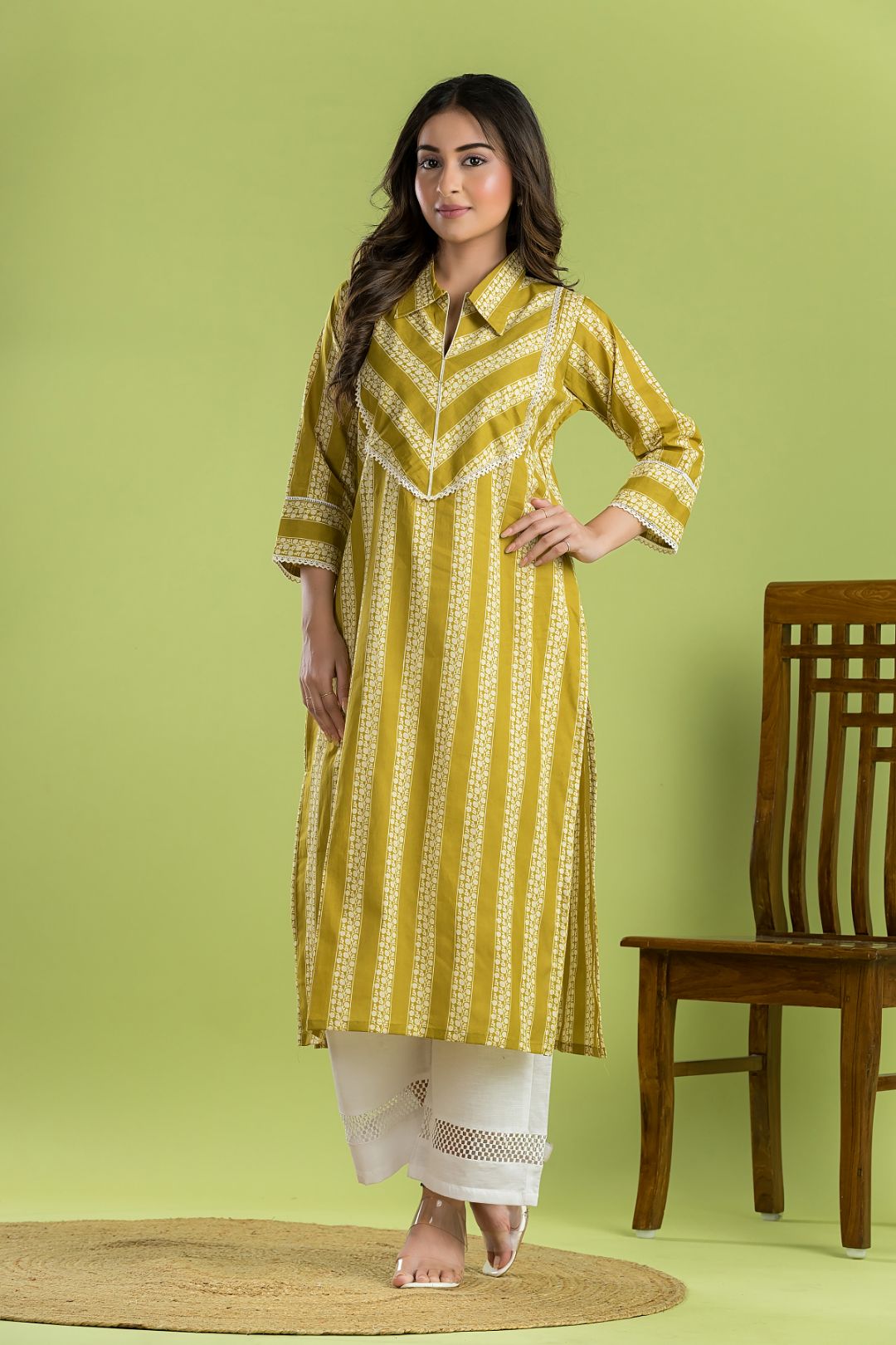 Yellow Green Striped Print Kurta
