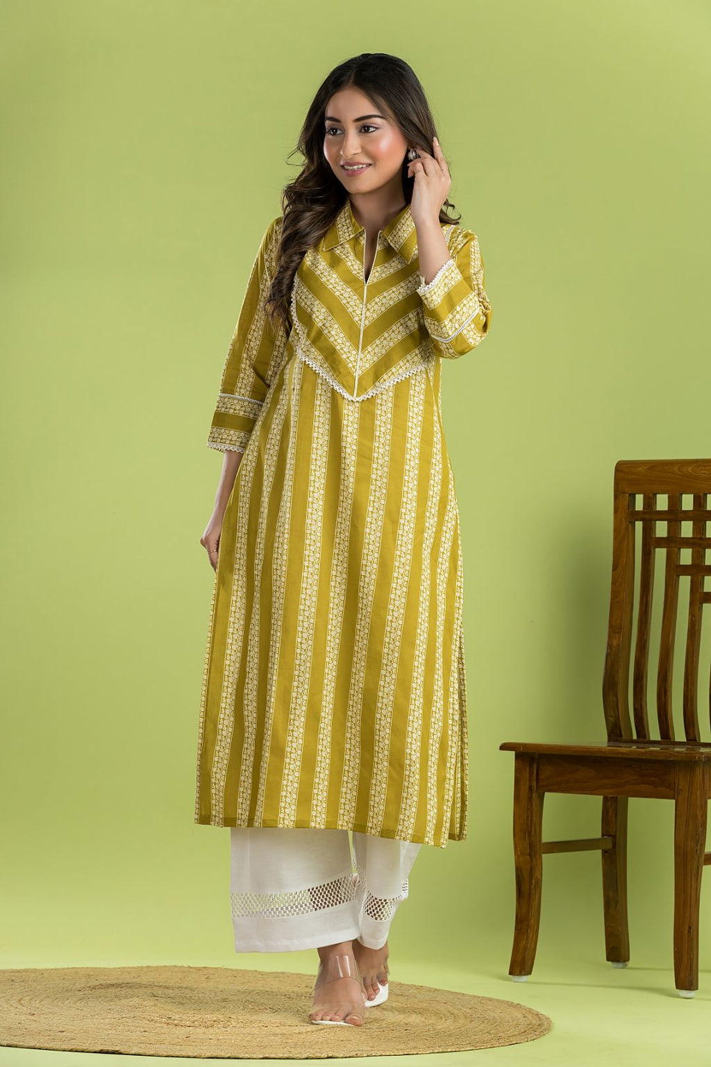 Yellow Green Striped Print Kurta