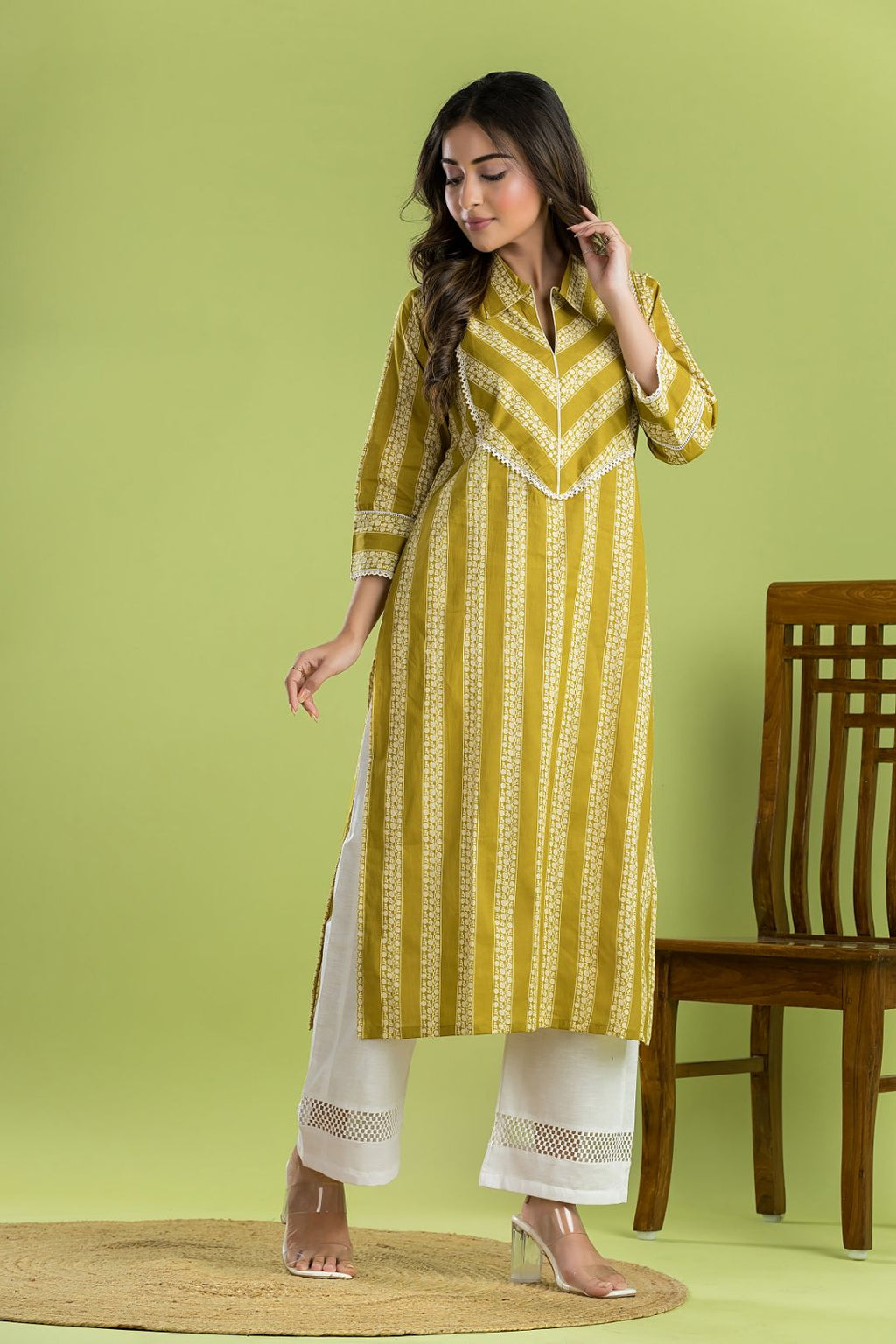Yellow Green Striped Print Kurta