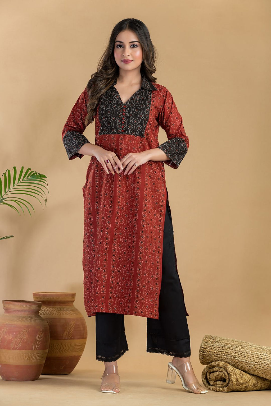 Maroon Geometric Print Kurta