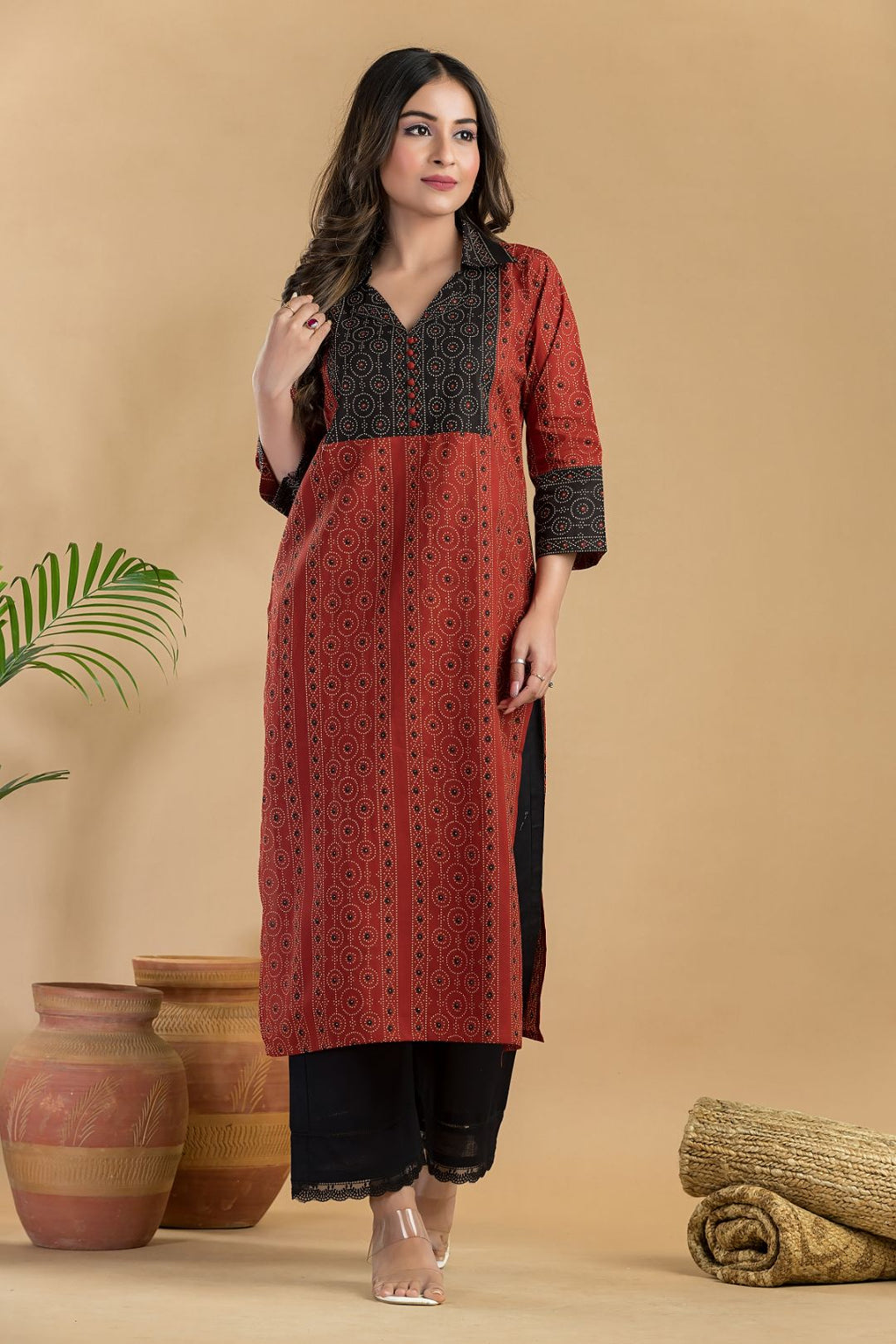 Maroon Geometric Print Kurta