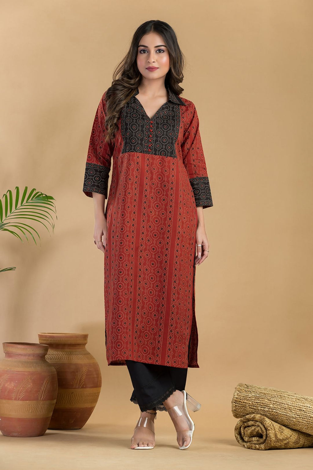 Maroon Geometric Print Kurta
