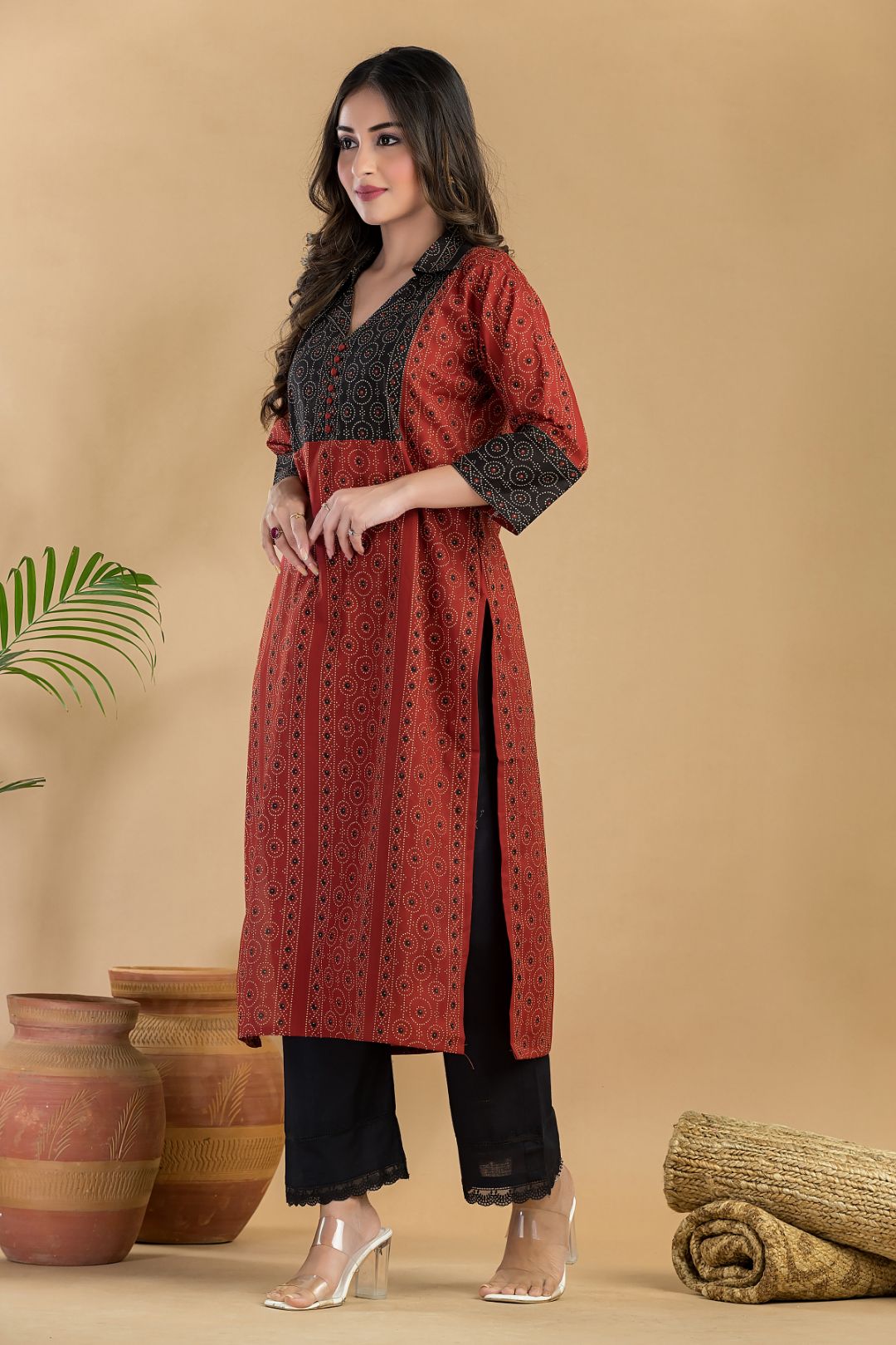 Maroon Geometric Print Kurta