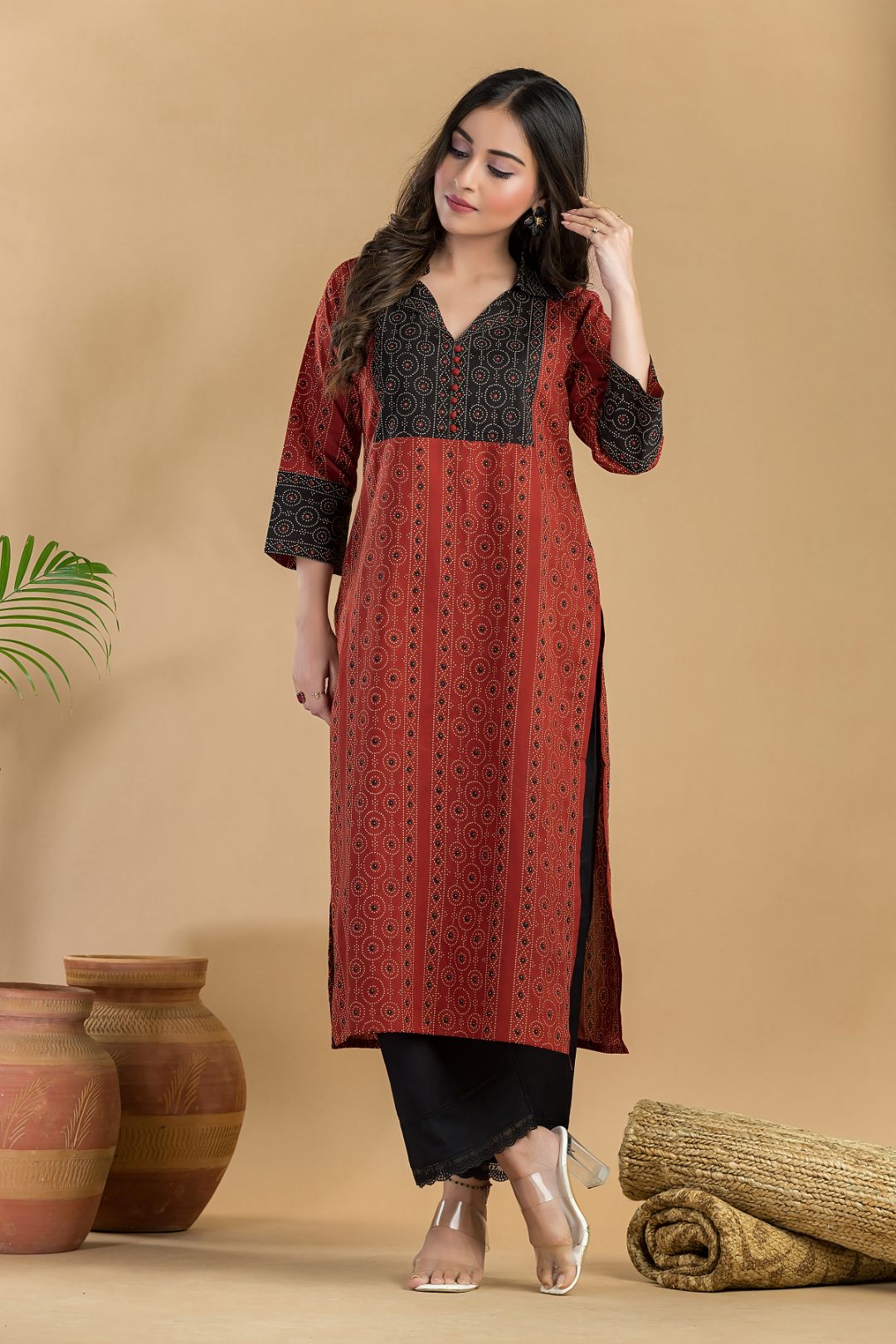 Maroon Geometric Print Kurta