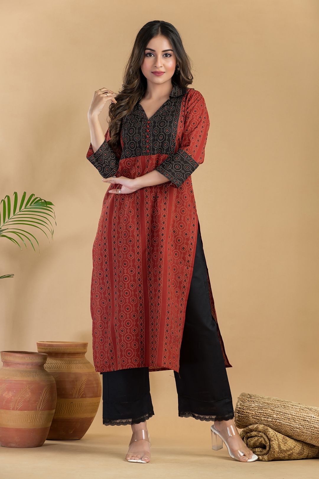 Maroon Geometric Print Kurta