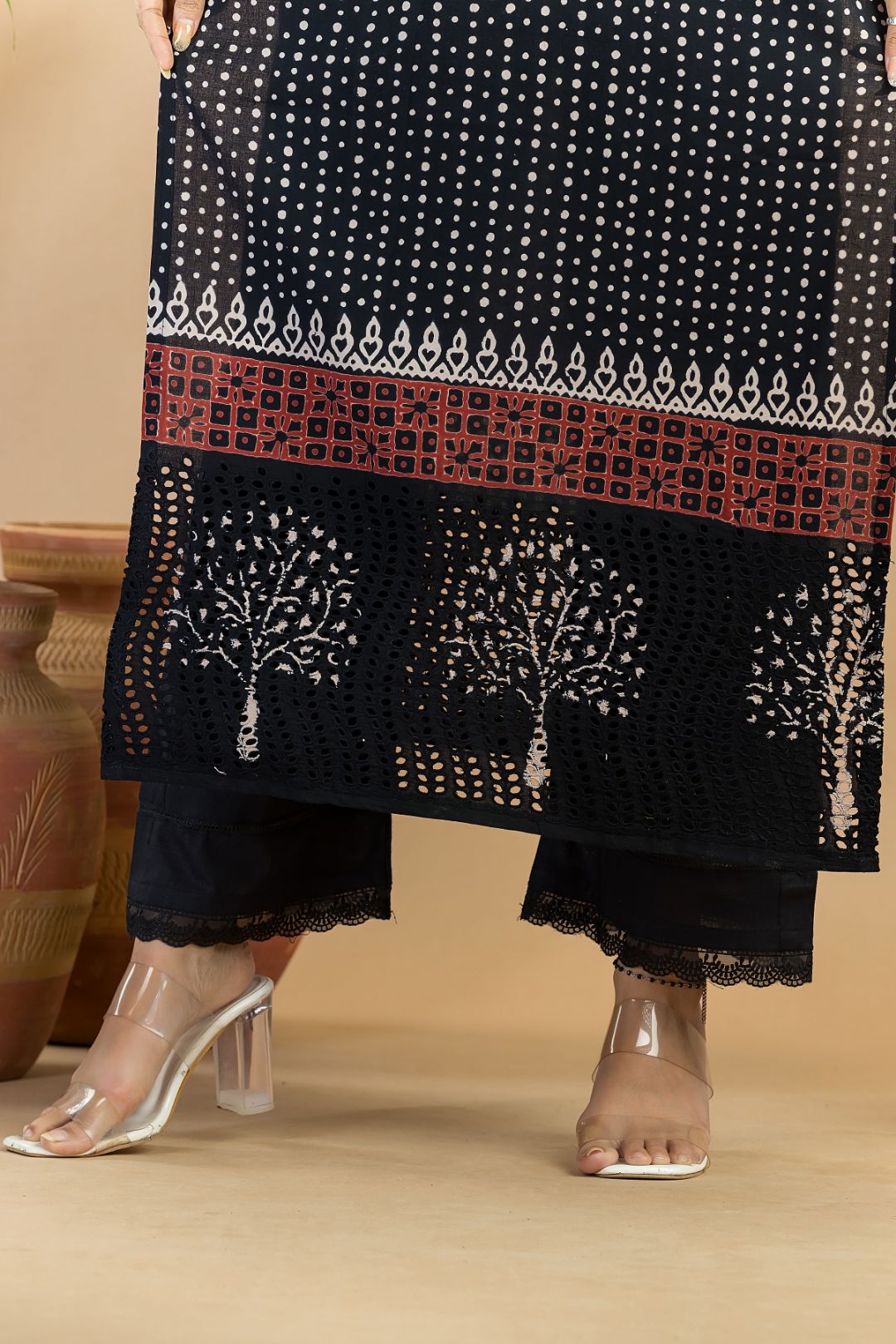 Black Geometric Print Schiffli Kurta