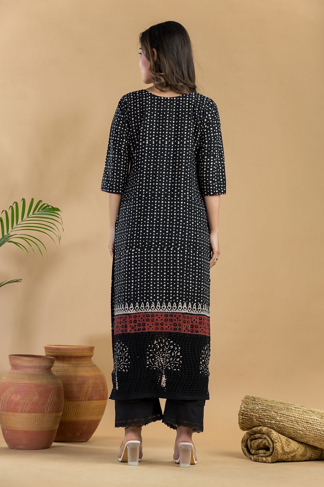 Black Geometric Print Schiffli Kurta