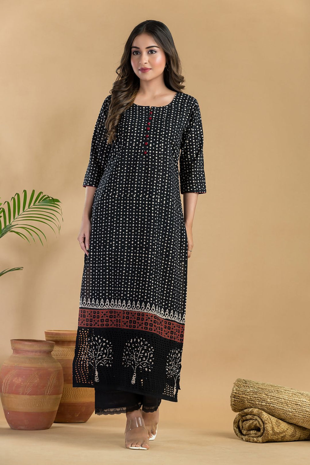 Black Geometric Print Schiffli Kurta
