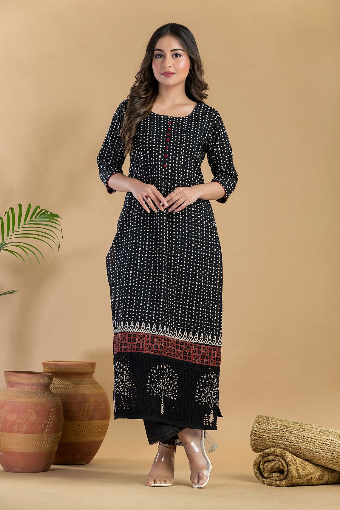 Black Geometric Print Schiffli Kurta